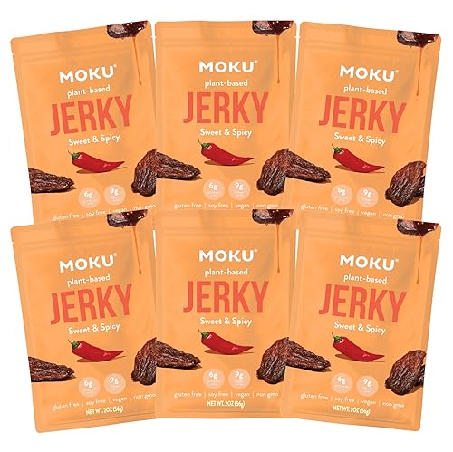 Moku Jerky de hongos a base de plantas, dulce y picante (paquete de 6) carne vegana de carne de vacuno, sin gluten, sin soja, aperitivos veganos sin