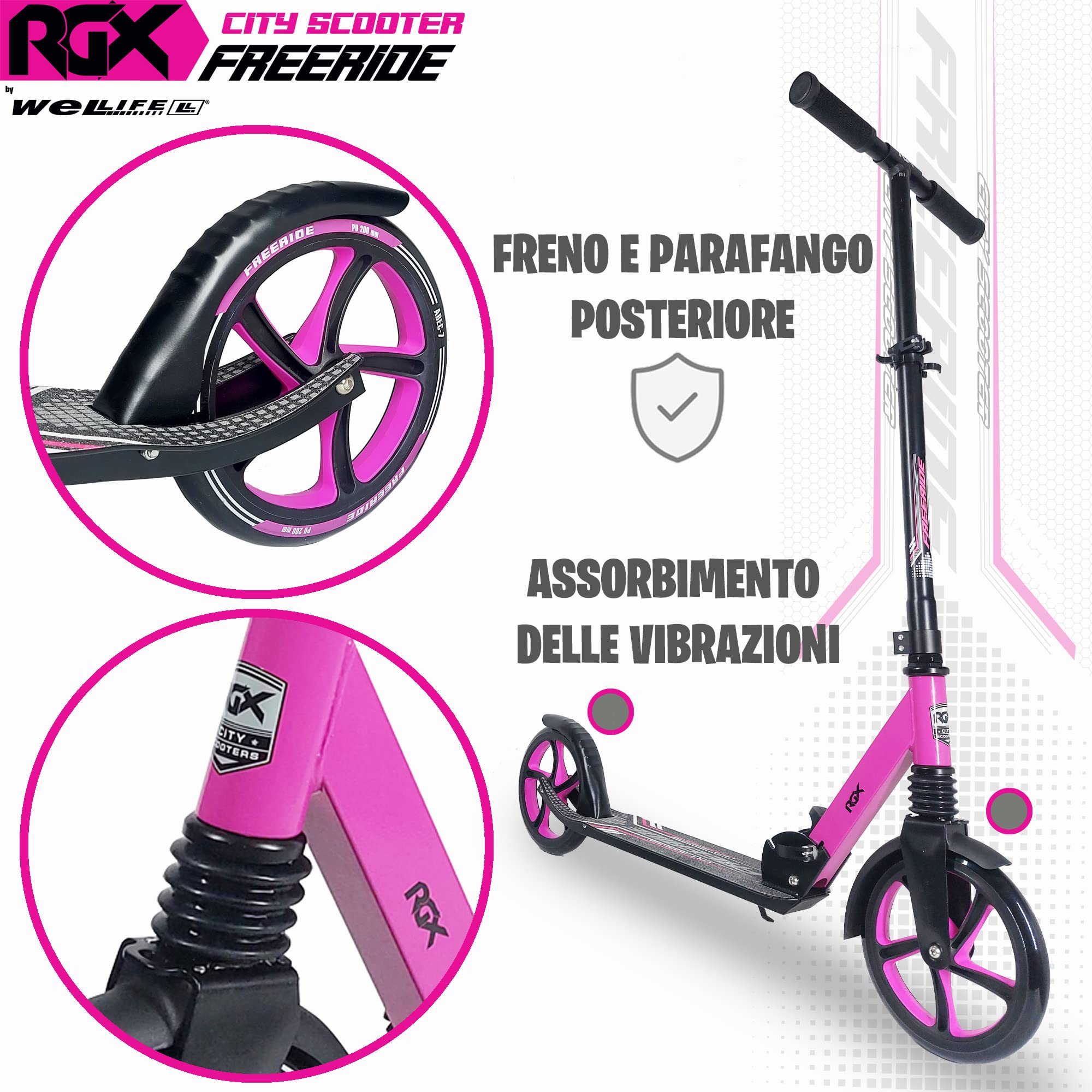 WeLLIFE Monopattini Freeride RGX - Monopattino Ruote Grandi 200mm con Sospensione Anteriore, Monopattino a Spinta per Adulti e Bambini, City Scooter Pieghevole