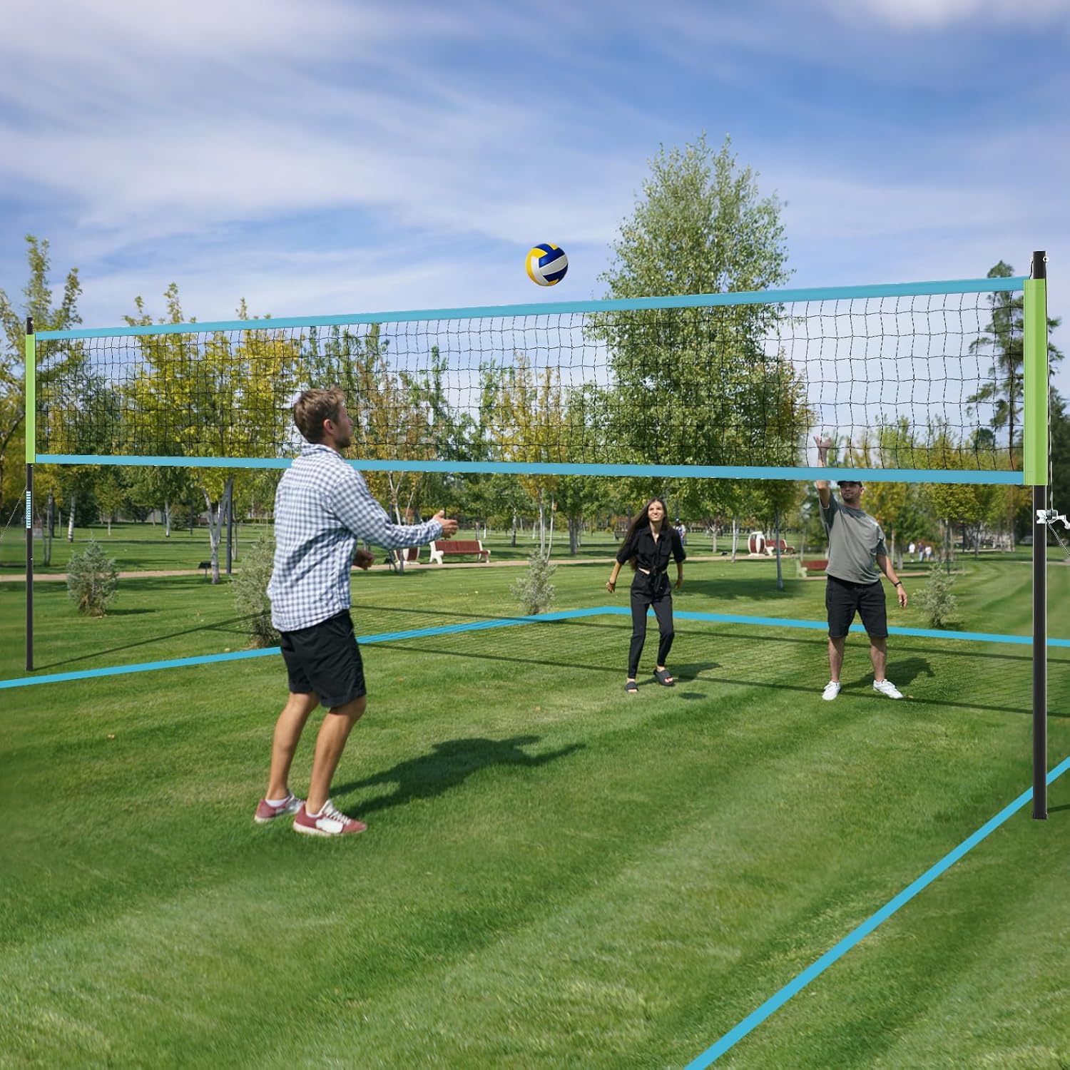 GYMAX Volleyball Net, Portable Volleyball Set with Adjustable Poles & Anti-Sag Design, Includes Beach Stakes, Scoreboard, Boundary Line and Carry Bag for Outdoor Backyard Beach Grass