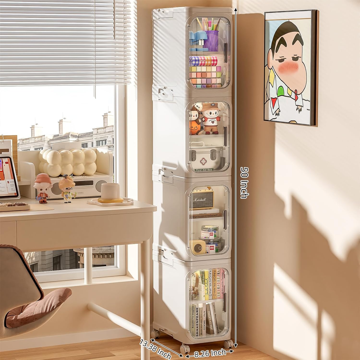 JOYZAN Narrow Bathroom Storage Cabinet with Movable Wheels, Slim Storage Cabinet with 4 Doors & Removable Panel, Skinny Bathroom Organizers and Storage for Small Space, Corner, Kitchen, Laundry