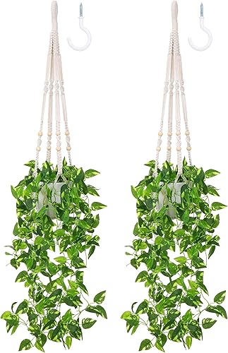 Miniatura 1 de onepeng Planta colgante falsa con maceta, plantas artificiales para decoración del hogar, colgador de plantas de macramé de interior con vides