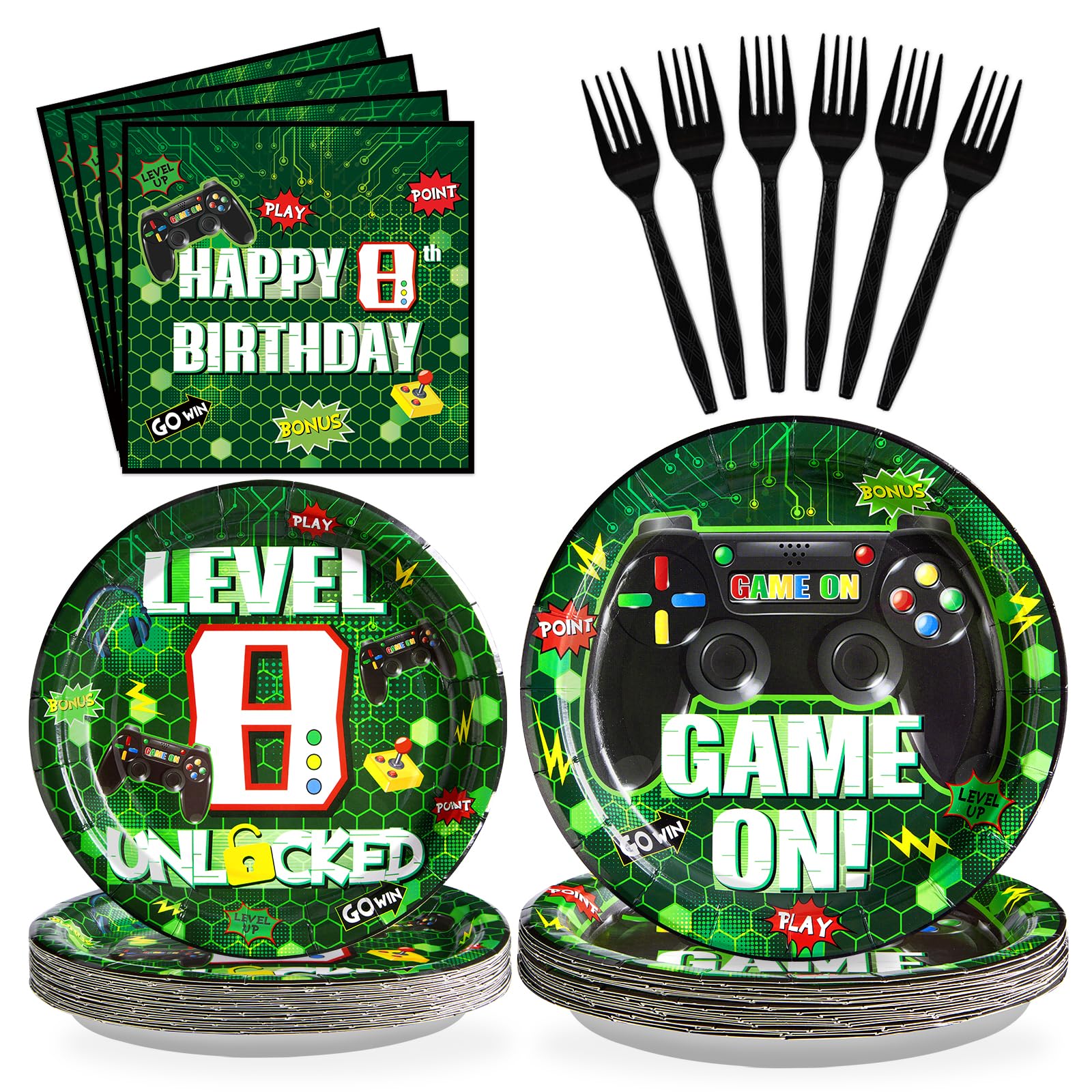 Grencian 96 Pcs Video Game 8th Birthday Decorations for Boys Serves 24
