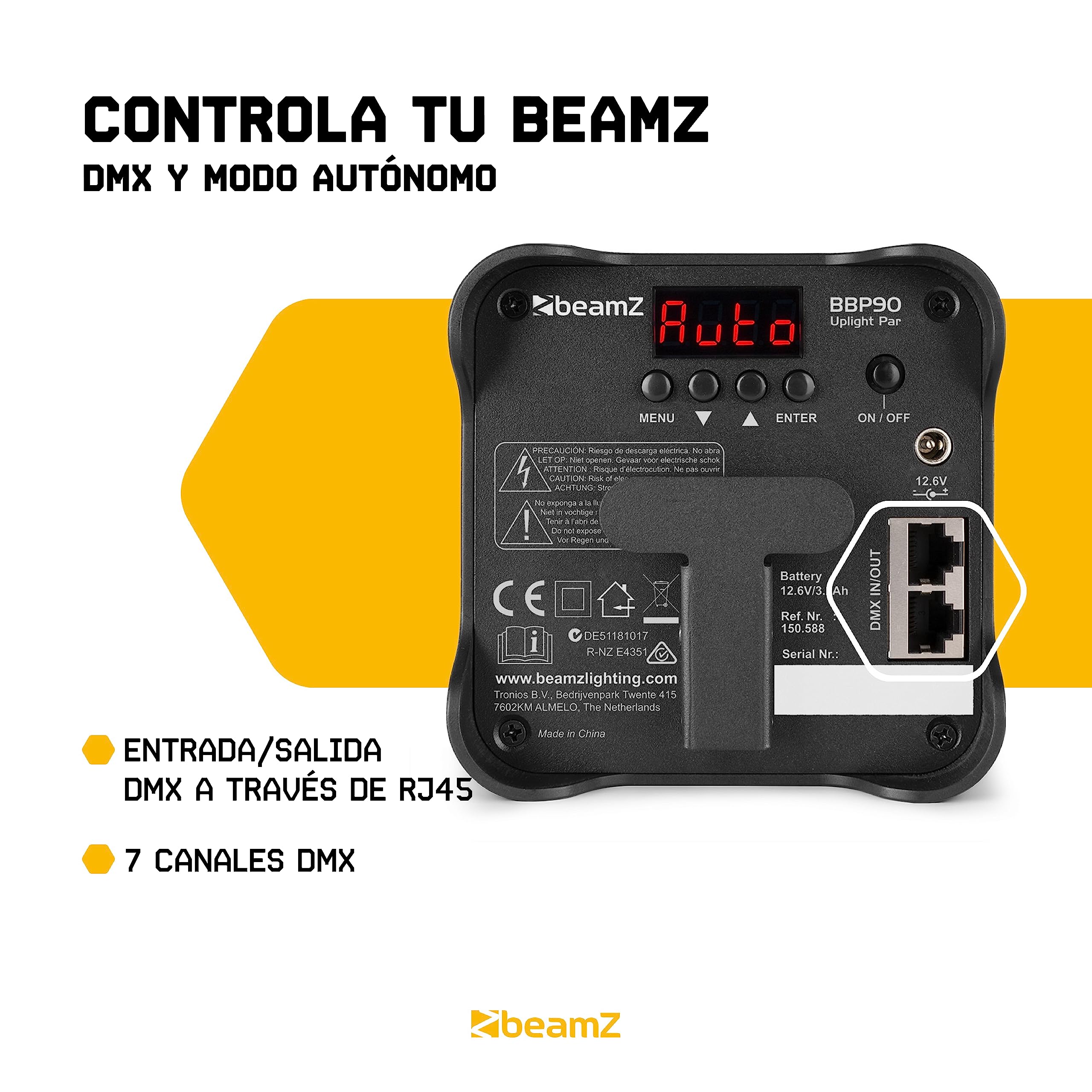 BeamZ BBP90 – Foco Par Led a batería 4 x 4W RGB-UV, hasta 20h, recarga 3h, sin ventilador silencioso, mando IR, DMX 7ch RJ45 con adaptador XLR, 1077lx, 24°, IP20, DJ pro – Color negro
