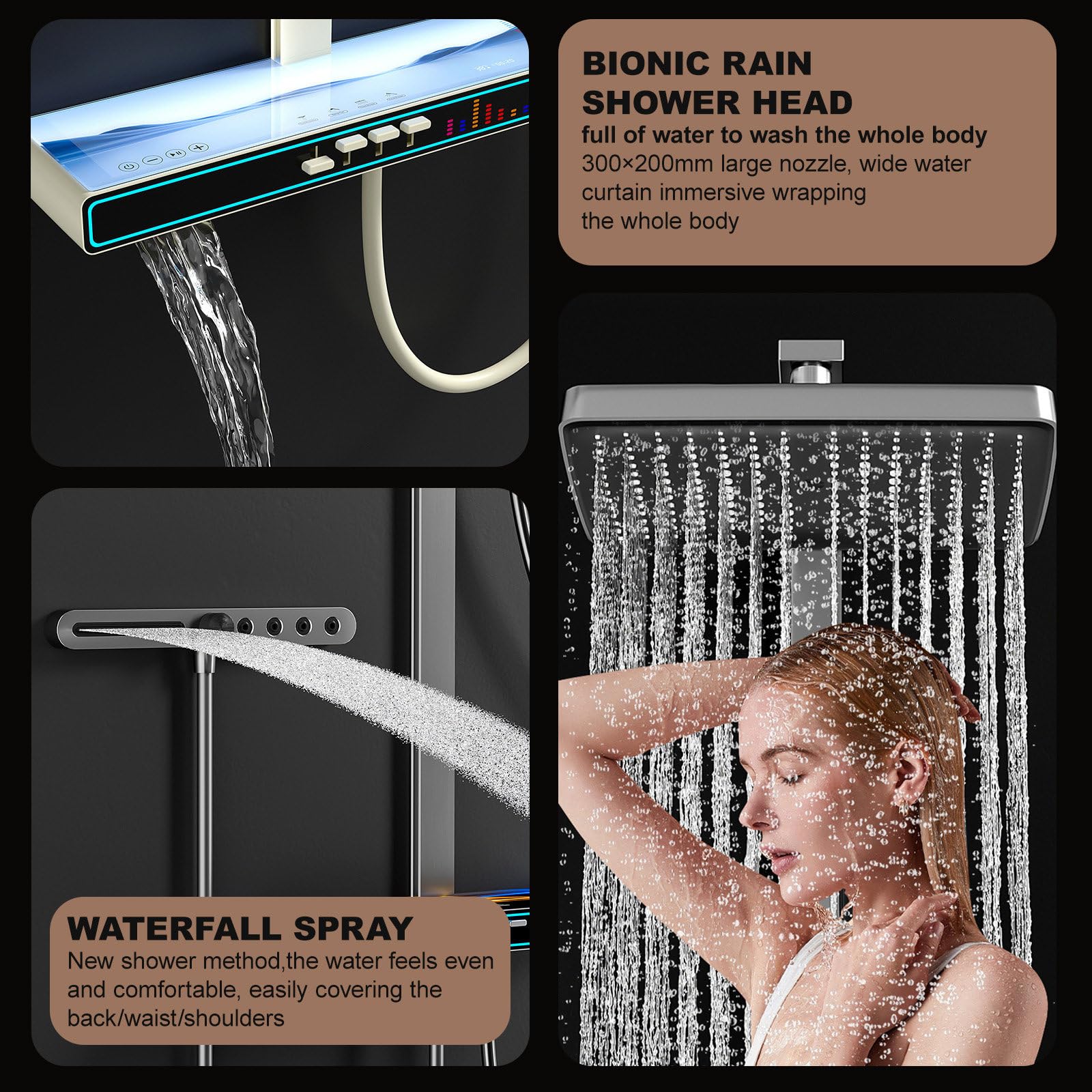 Sistema doccia musicale a LED con soffione a pioggia, doccetta portatile e miscelatore a cascata, batteria da 4000 mAh, per un'esperienza di relax e lusso
