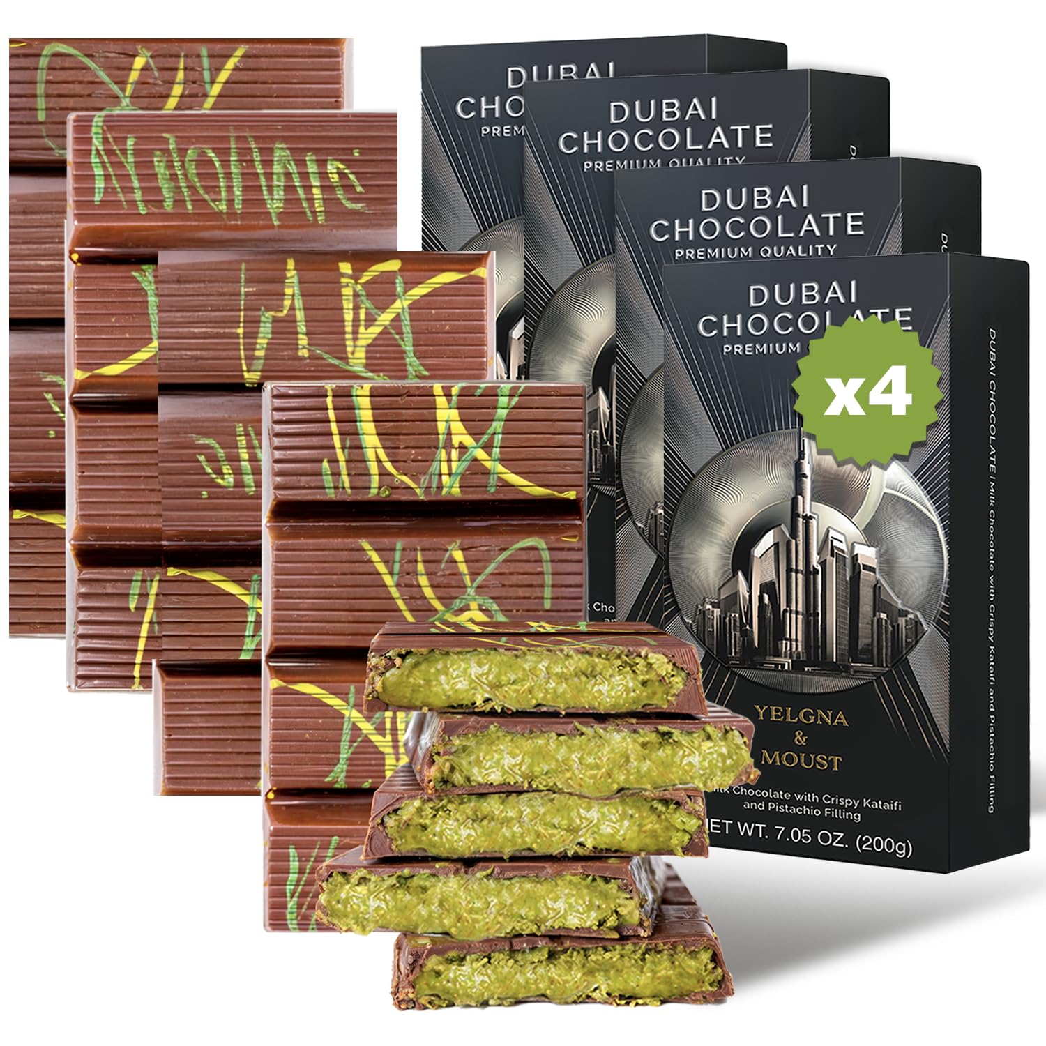 Dubai Chocolate Bar Pistachio, Pack of 4 (4 Bars of 7.05 oz (200gr) Dubai Chocolate Bars, Total of 28.2 oz (800g))