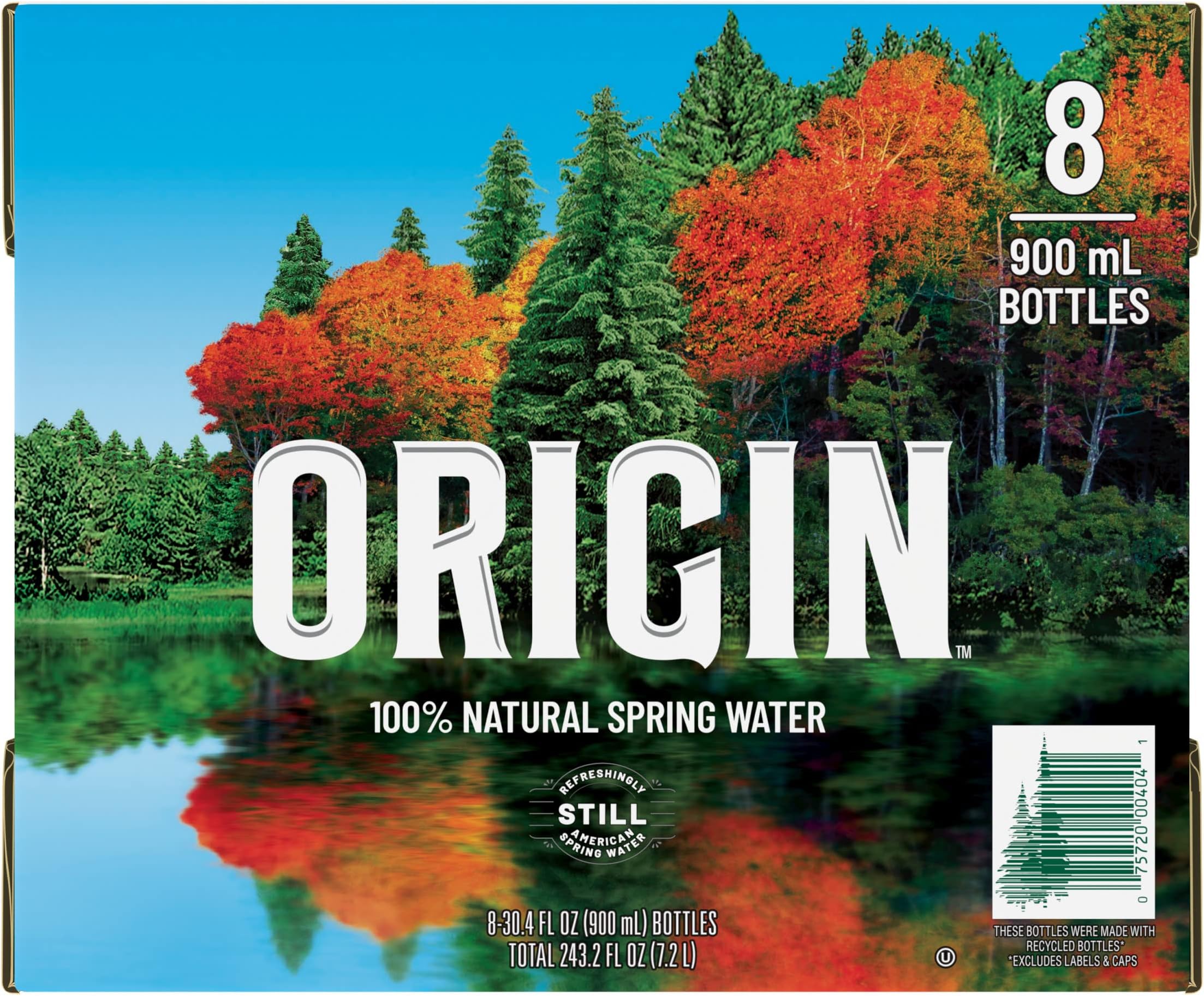 ORIGIN, 100% Natural Spring Water, 900 mL, Recycled Plastic Bottle, 8 Pack