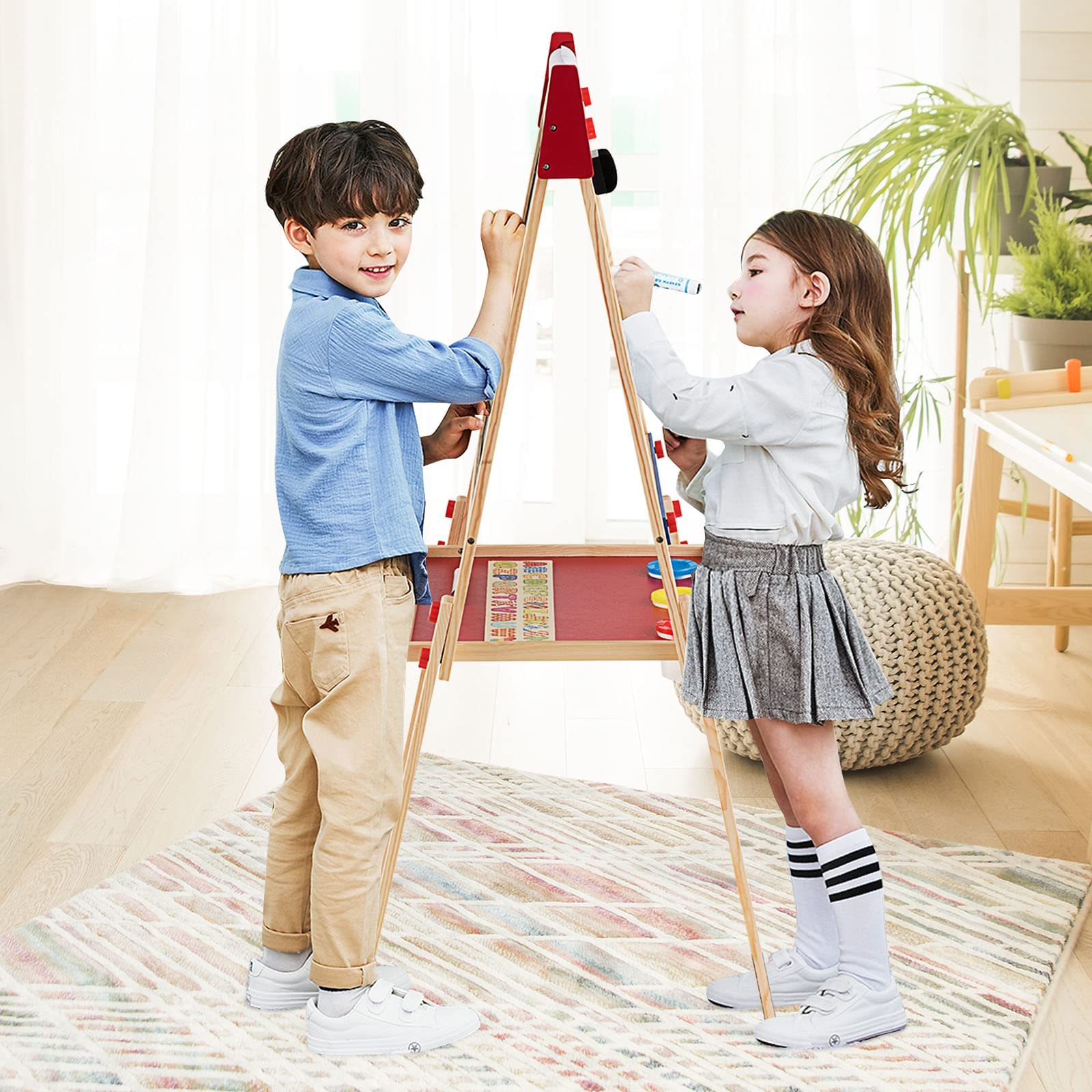 RELAX4LIFE Cavalletto in Legno per Bambini Regolabile in Altezza a 3 Livelli, con Doppia Pittura Laterale, Lavagna per Dipingere, Lavagna in Legno, 60x55x112,5-124,5 cm, Naturale