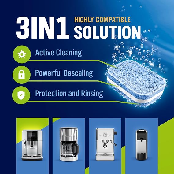 WoldoClean 3-in-1 descaling tablets for fully automatic coffee machines, 12 pieces airtight sealed in blister packaging, descaler tablets compatible with DeLonghi, Siemens, Jura coffee machines.
