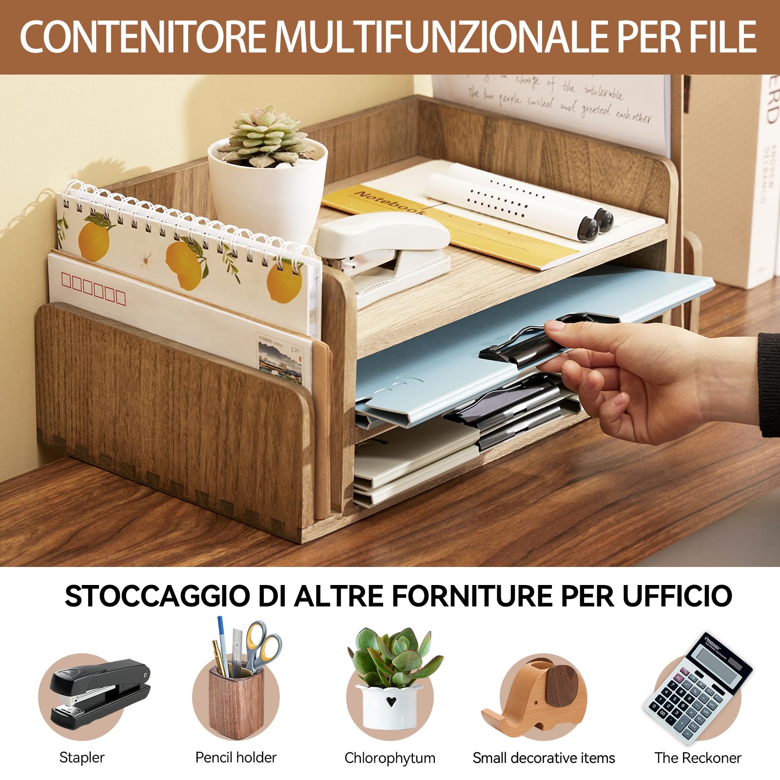 KIRIGEN Organizzatore da scrivania in legno Cartella, posta e documenti Cartella per lettere, portatelefono, portadocumenti, legno naturale marrone