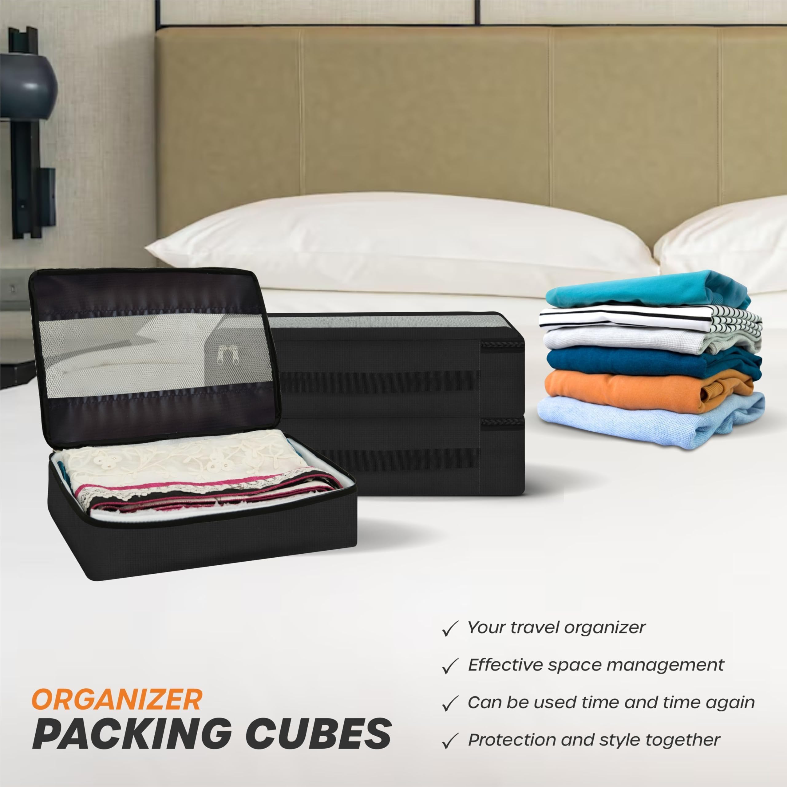 Cranique Packing Cubes for Travel Organizer, Storage Bag, Packing Bag for Clothes, Essential Pouch, Travel Organizer for Men & Women Pack of 3 (Cube1-Black-Pak3) 2