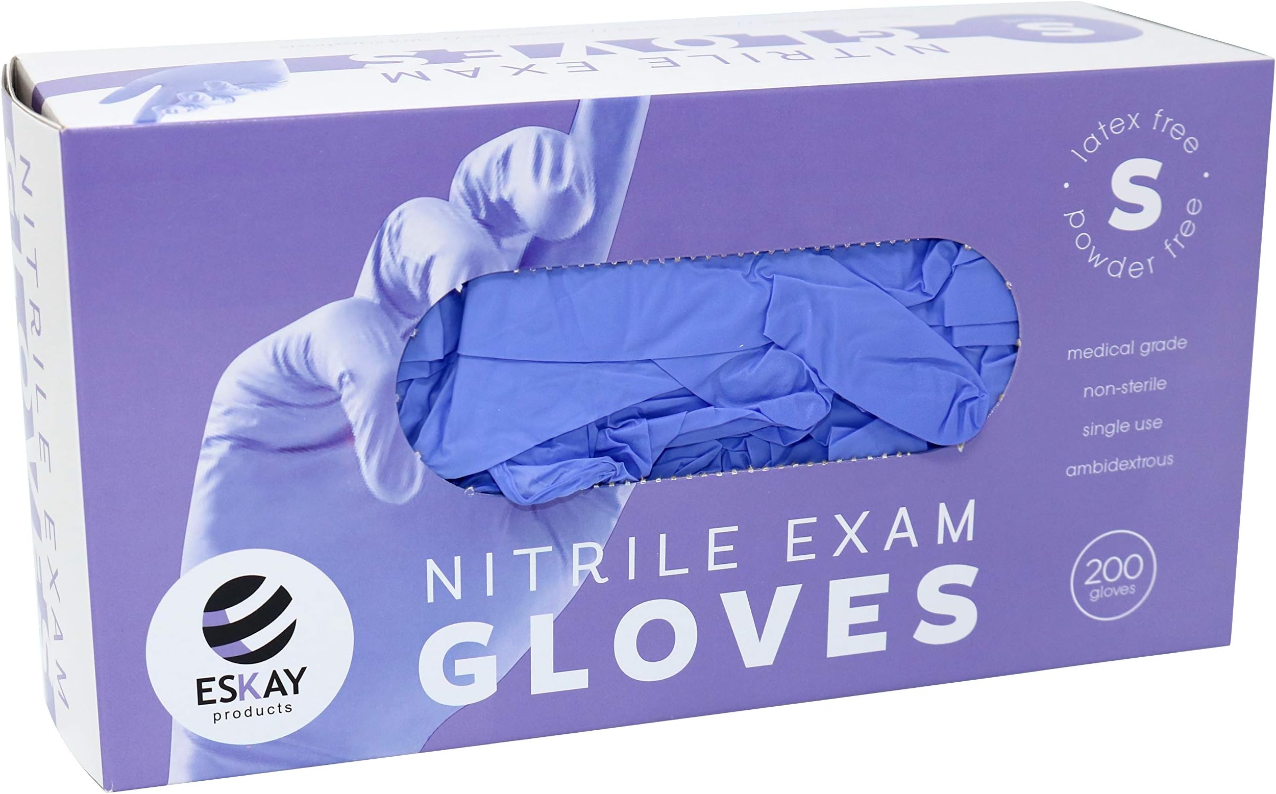Eskay Nitrile Exam Gloves Box of 200 Gloves - Food Safe, Non-Sterile, Latex Free, Powder Free, Medical Grade, Size Small, Purple Color