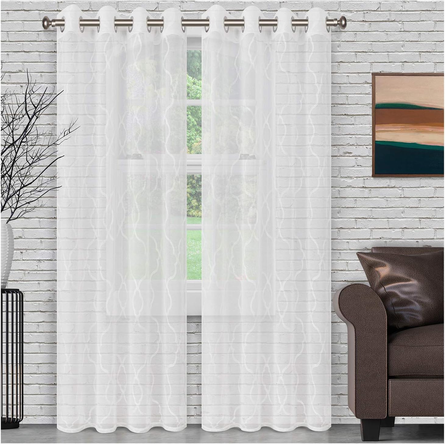 Superior Delicate Flower Sheer Curtains, Window Accents, Traditional, Modern Farmhouse, Bohemian Style, Decorative Embroidered Floral with Grommets, Curtain Set of 2 Panels, 52" W X 108" L, White