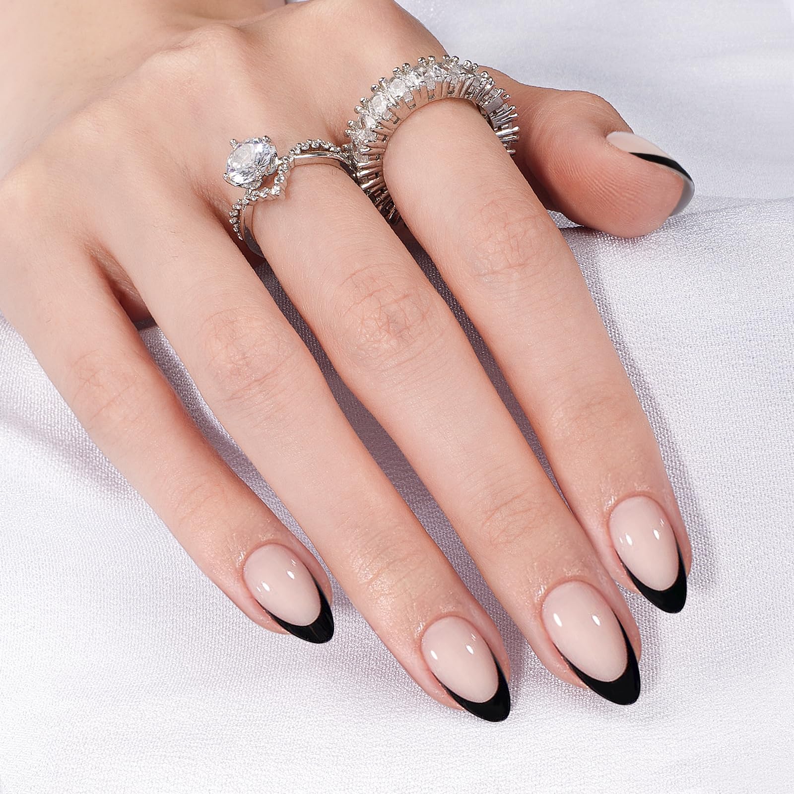 Canvalite Black French Tip Press On Nails, 30Pcs Short Press on Nails Almond Reusable Acrylic Fake Nails with Glue & Glue Remover Easy to Use Manicure