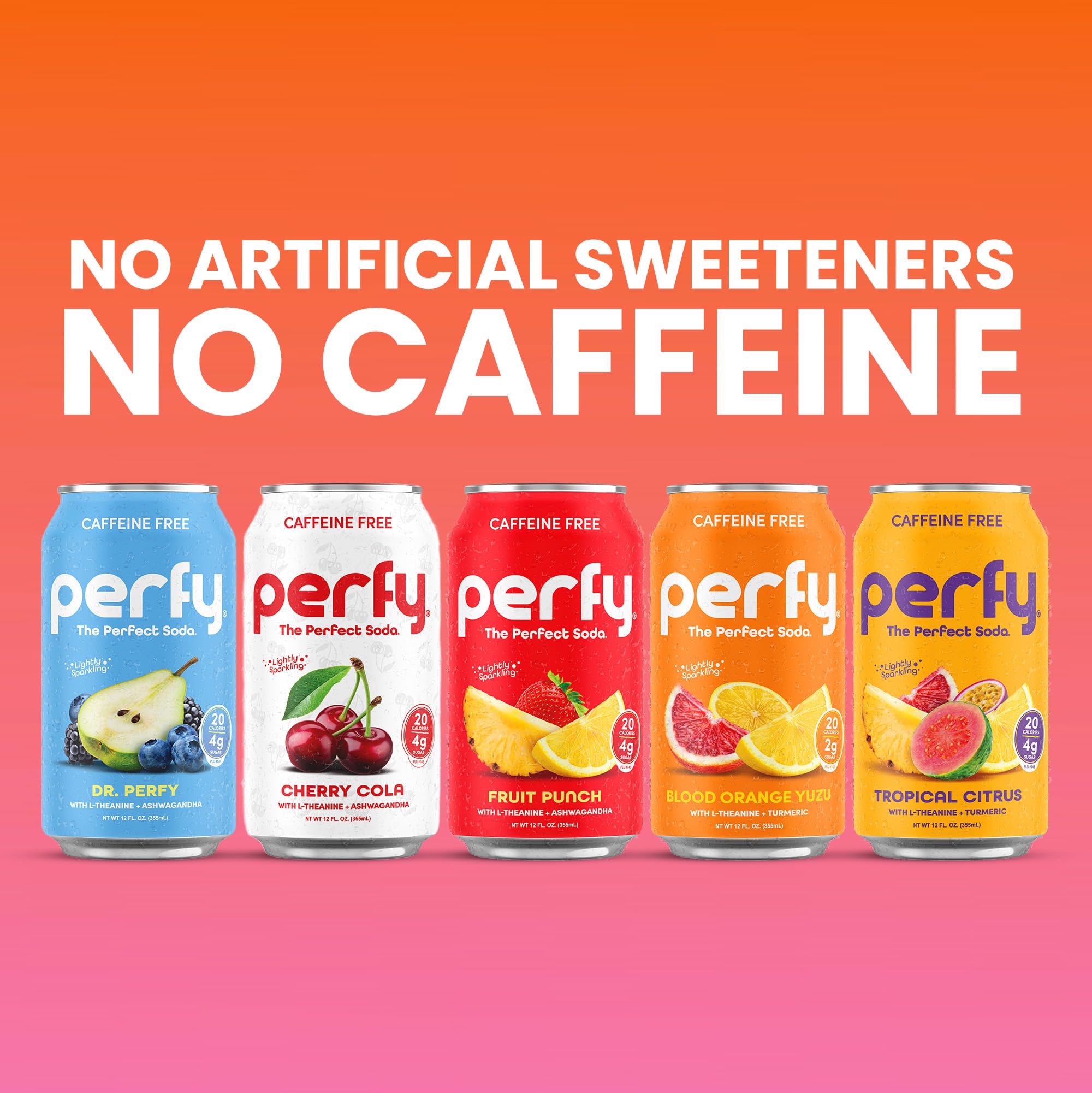 PERFY Caffeine Free Dr. Perfy Soda | Made With Real Fruit Juice - Low Sugar Nootropic Drink with L-Theanine + Ashwagandha | Calming Adaptogen Mocktail | Keto + GLP-1 Friendly | Sweetened with Stevia & Monk Fruit | (12-Pack Healthy Functional Soda...