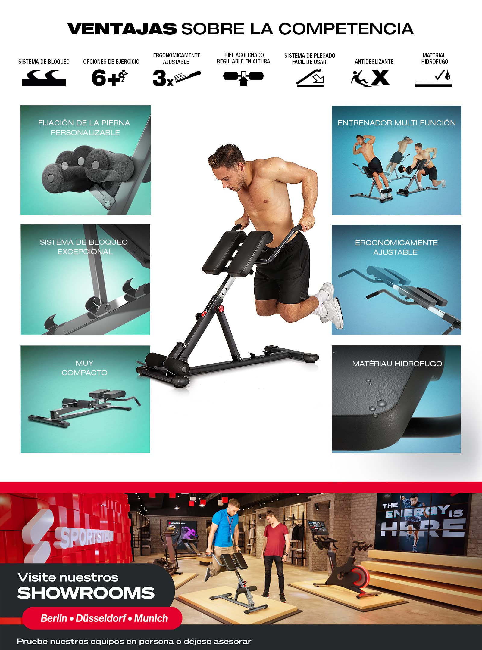 Sportstech BRT150 Entrenador de espalda y abdomen 6 en 1; ergonómico y ajustable; sistema único de bloqueo y fácil de plegar, diseño antideslizante, banco de pesas + fijación de piernas adaptable
