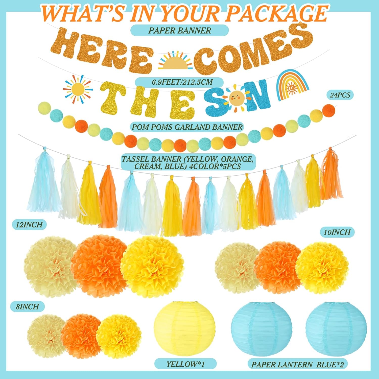 TaoBary Here Comes The Sun Baby themed Shower Banner Here Comes The Son Baby Shower Decorations with Tissue Pom Poms Garland Paper Lantern Boho Retro Sunshine 1st Birthday Party Supplies