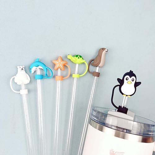 Miniatura 2 de Paquete de 6 cubiertas de paja de 0.394 pulgadas con forma de organismo marino lindo de silicona de grado alimenticio, tapas de puntas de popote