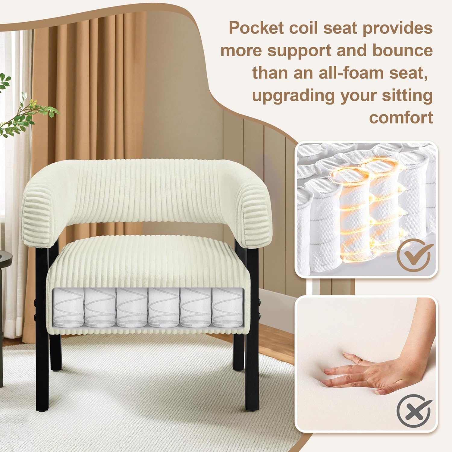 Yaheetech Accent Chair Set of 2 with Pocket Coiled Seat, Corduroy Living Room Barrel Chair Comfy Modern Sofa Armchair for Small Space Bedroom Reading, Beige