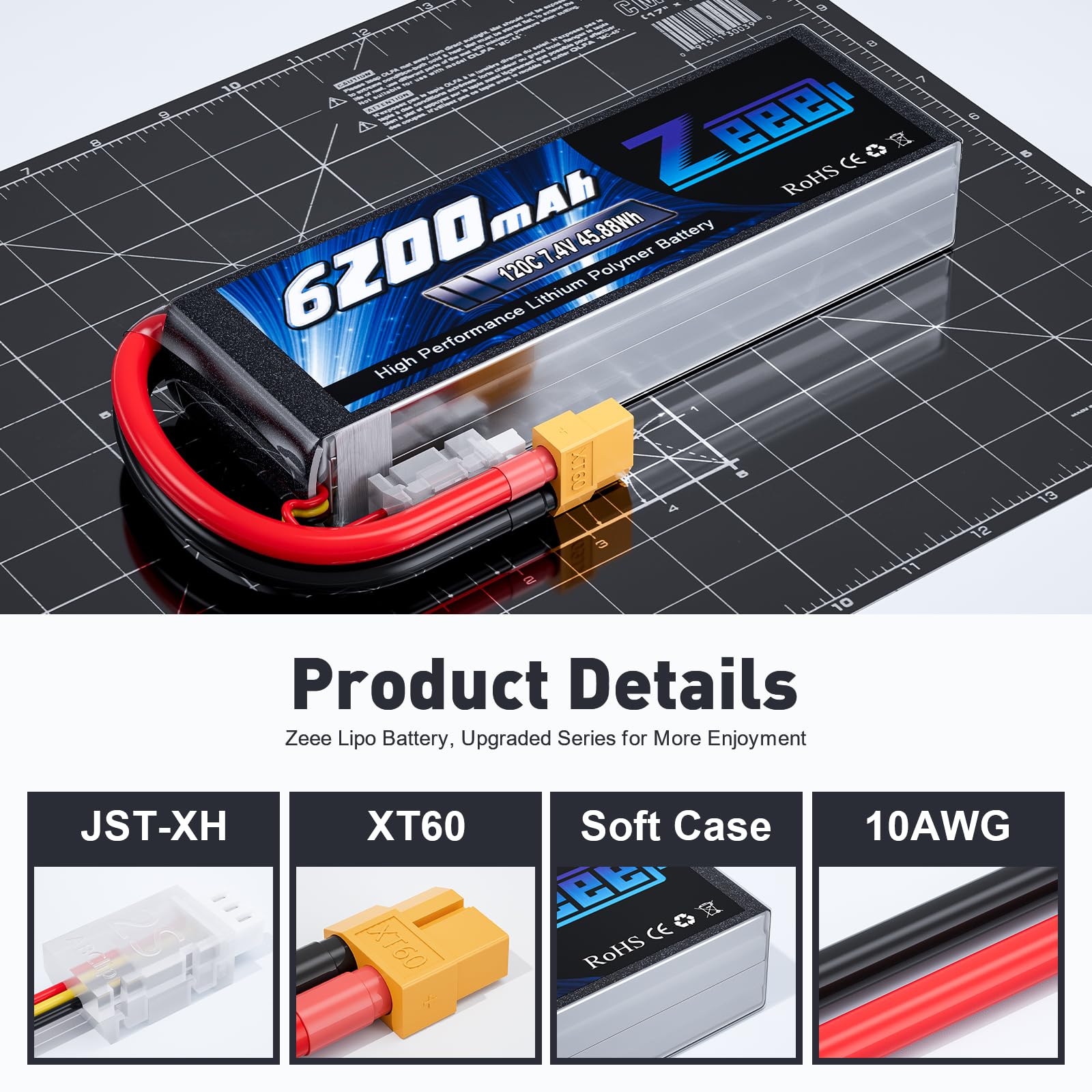 Zeee 2S LiPo 6200mAh 7,4V 120C Softcase avec XT60 connecteur (2 pièces) | batterie RC pour RC Voitures, camions, véhicules, truggies, Buggies, Chars, hélicoptères, Avions,etc