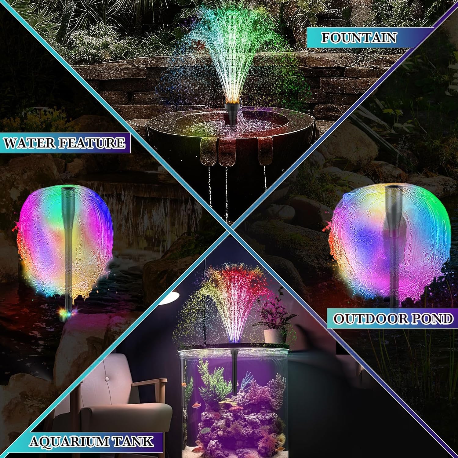 Springbrunnenpumpe Aussen mit LED, 800L/h 16W Wasserspielpumpe Wasserpumpe Fontäne für außen Teichpumpe 3 Düsenim, Teich Springbrunnen für Gartenteich, Wasserfall