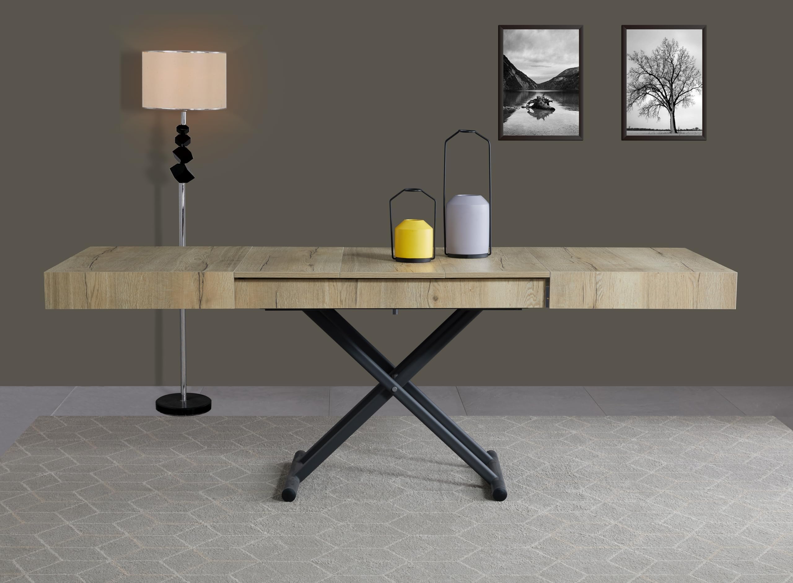 VOLERO' ; Table Lift-top Coffee to Dining Table,Transformable Space-Saving Table, Achille Large Model, Sliding Mechanism with Millimeter Height Adjustment (oak)