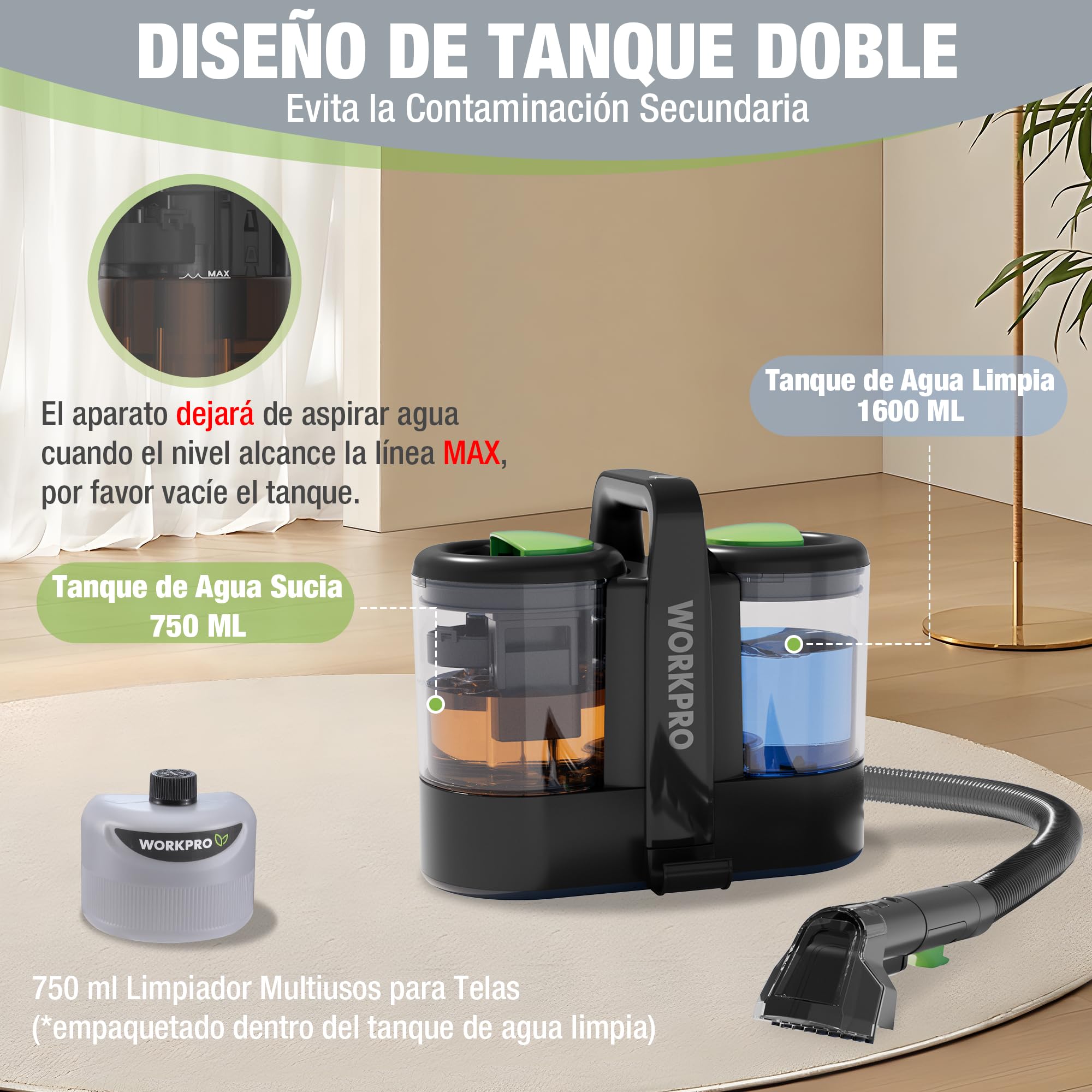 WORKPRO Aspiradora de Agua Tapiceria, Limpiador de Tapicerias de 450W, Aspiradora para Alfombras con Detergente, Limpia Moquetas, Maquina Aspirador para Tapicerias, Sofá, 75 dB