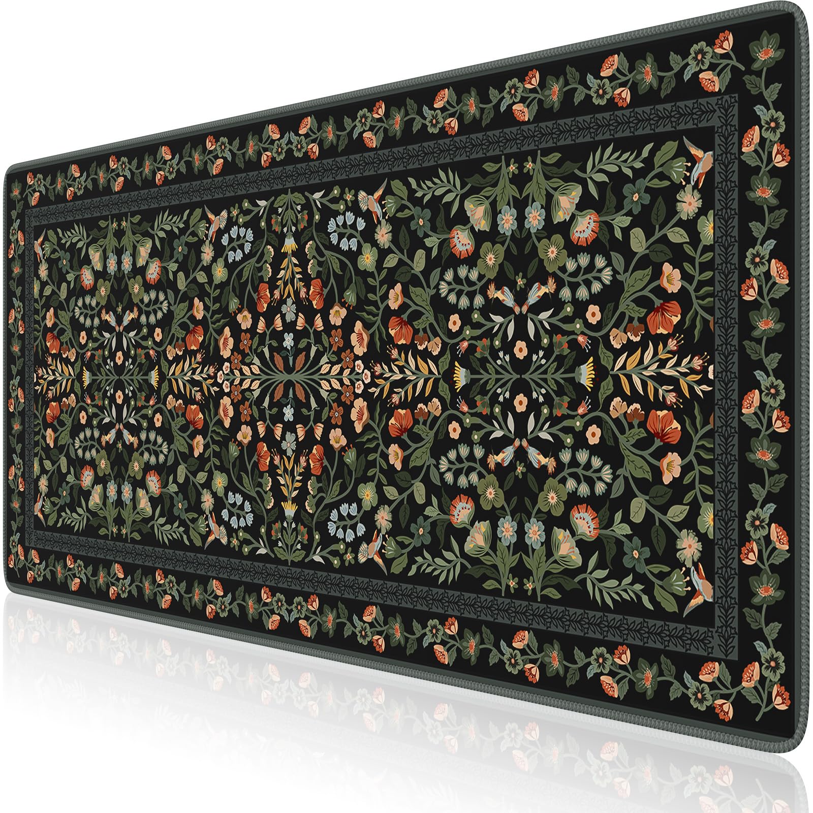 iCasso Floral Desk Mat,Mouse Pad for Office Decor,35.4x15.7in,Black | Back to School Desk Pad Mat, Anti-Slip Big Mousepad with Stitched Edges for Computer Desktop,Smooth Water-Resistant