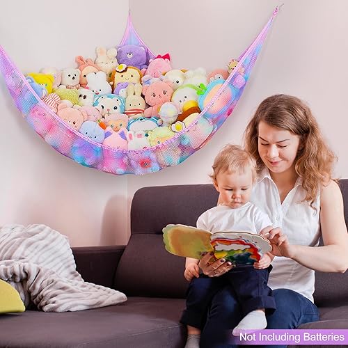 Vista 109 de Basumee Red de animales de peluche o hamaca con luz LED, hamaca de red de juguetes para almacenamiento de animales de peluche, hamacas para Azul