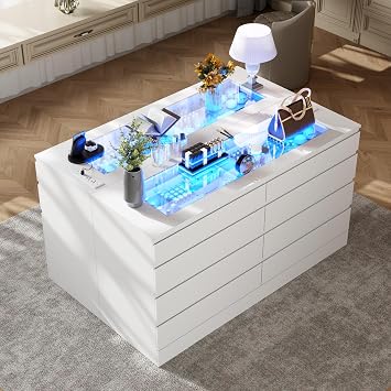 Closet Island with Drawers, 16 Drawer Dresser Closet with LED Lights | Glass Top, Charging Station, for Bedroom & Cloakroom