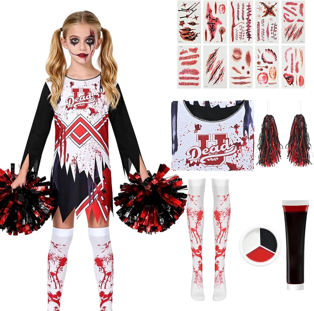 Déguisement De Zombie Pour Fille – Déguisement De Pom-pom Girl Rouge Avec Collants, Pompons, Faux Sang Et Maquillage Pour Le Visage (taille : S