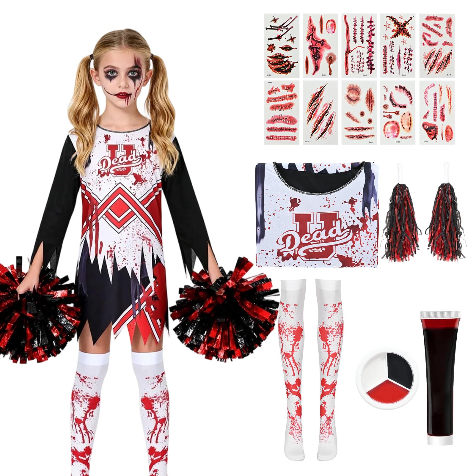 Zombie Cheerleader Costume Kids, Cheerleader Outfit Girls Dead Cheerleader Halloween Costume School Uniform Poms Poms Bloody Socks Cheerleading Fancy Dress Halloween Party Cosplay (L (9-10 yrs))
