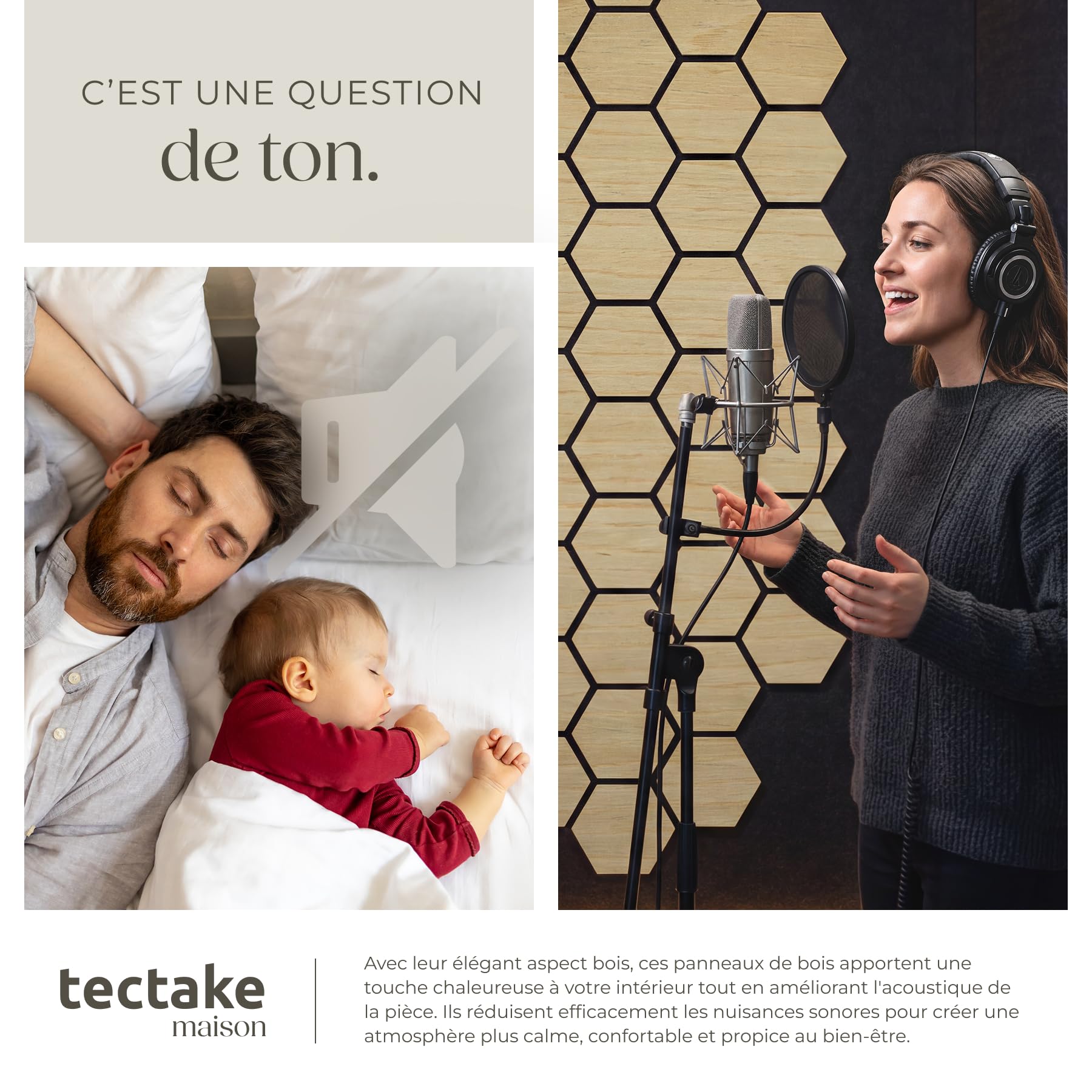 tectake® Panneaux acoustiques 76 x 62 cm, Lot de 8, Aspect Chêne, MDF et Placage en bois véritable, Découpables, Feutre insonorisant, Panneaux isolants phonique, Montage facile - Chêne Clair