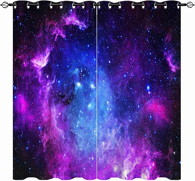 YUANZU Galaxy Curtains - Space Purple Blue Nebula Universe Sky Stars Print Pattern Eyelet Blackout Thermal Insulated & Room Darkening Window Drapes for Kids Boys Girls Bedroom 2 Panels W117cm x D137cm