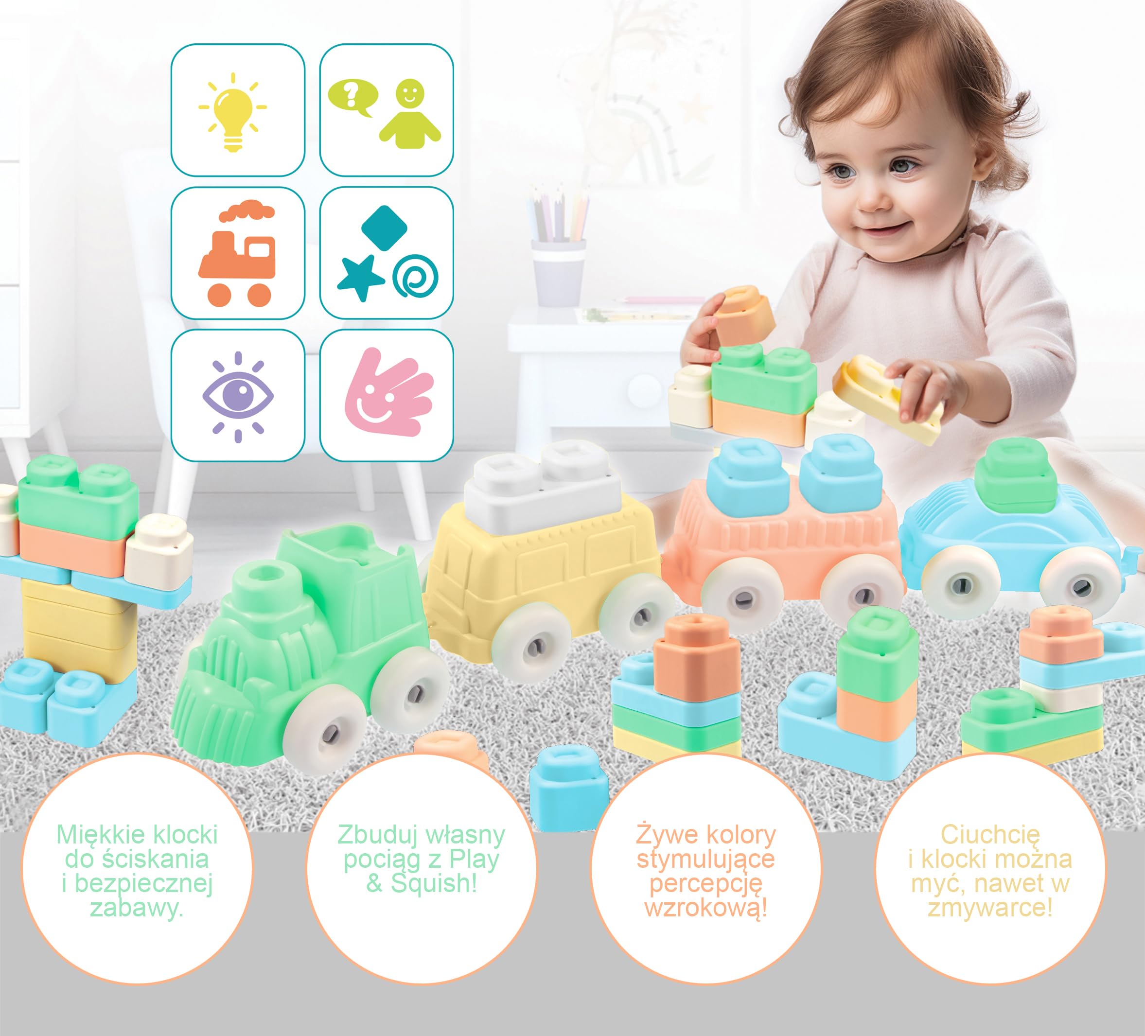 Mochtoys Zestaw Do Zabawy, Pociąg, 3 Wagoniki i 12 Klocków, Pastelowe Kolory, Kompatybilny z Serią Play&Squish, Dla Dzieci Od 1 Roku Życia
