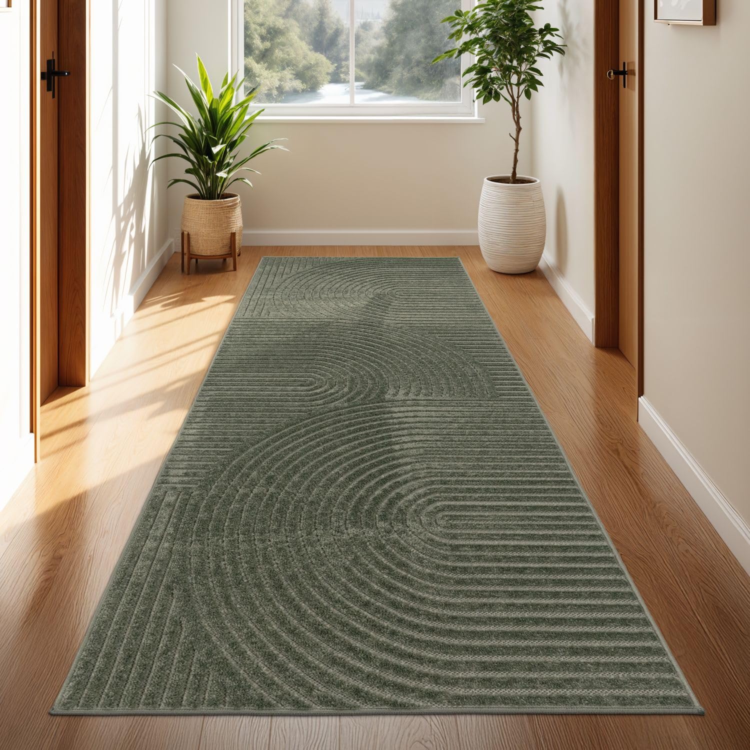 TT Home Outdoor Teppich Läufer 80x250 cm Grün, Wetterfest & Robust, Modernes Boho Skandi Design mit 3D-Optik, für Flur, Küche & Terrasse