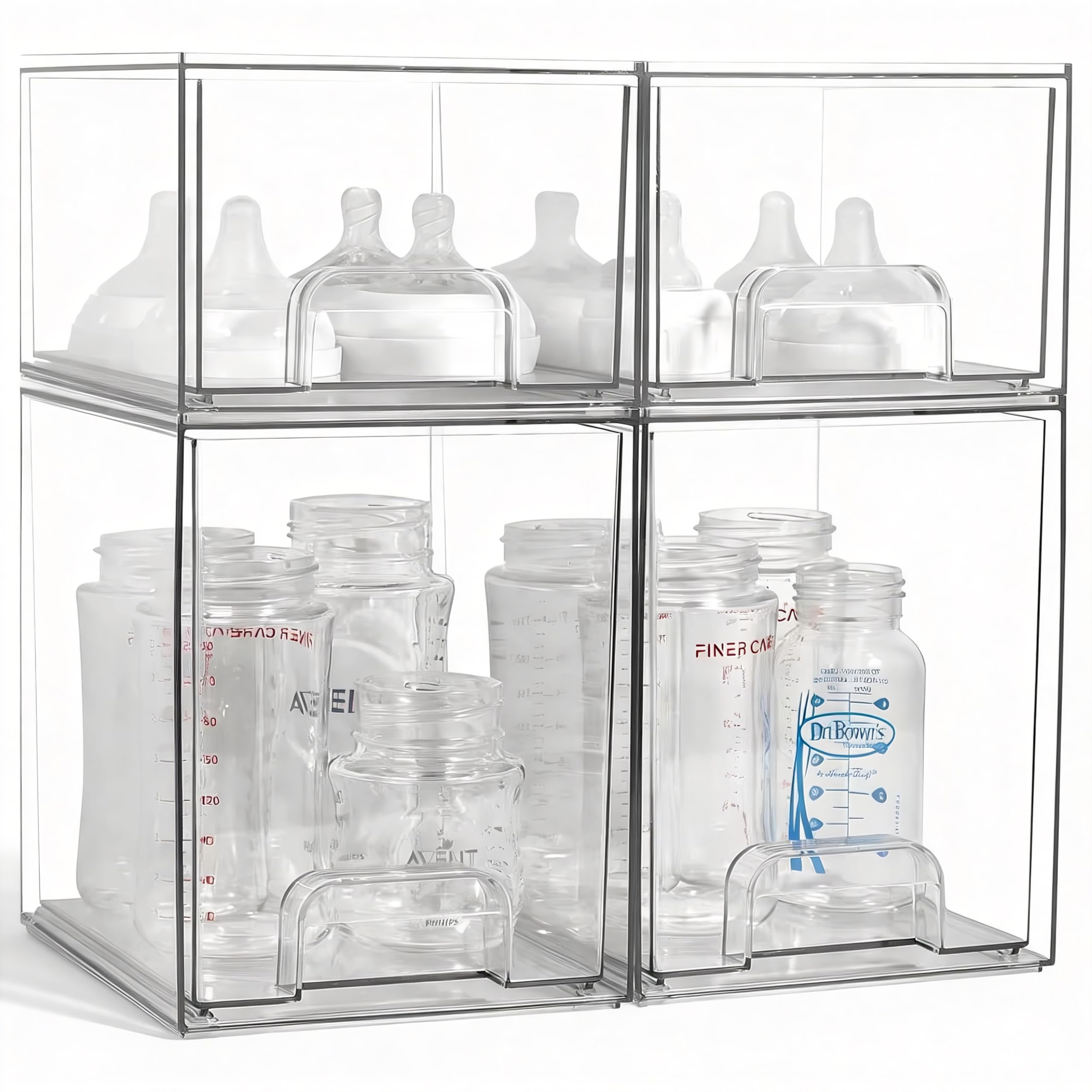 Baby Bottle Organizer 4 Pack Clear Space-Saving Stackable Drawer with Handle Baby Bottle Storage Organizer for Countertop and