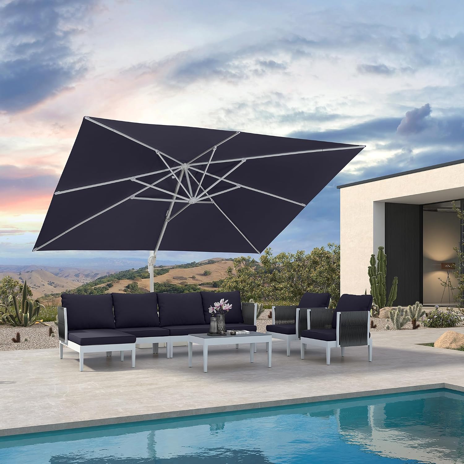 PURPLE LEAF 10' × 13' Patio Umbrella White Cantilever Umbrella Aluminum Square Outdoor Offset Umbrella Hanging Windproof with 360° Rotation for Garden Deck Pool, Navy Blue