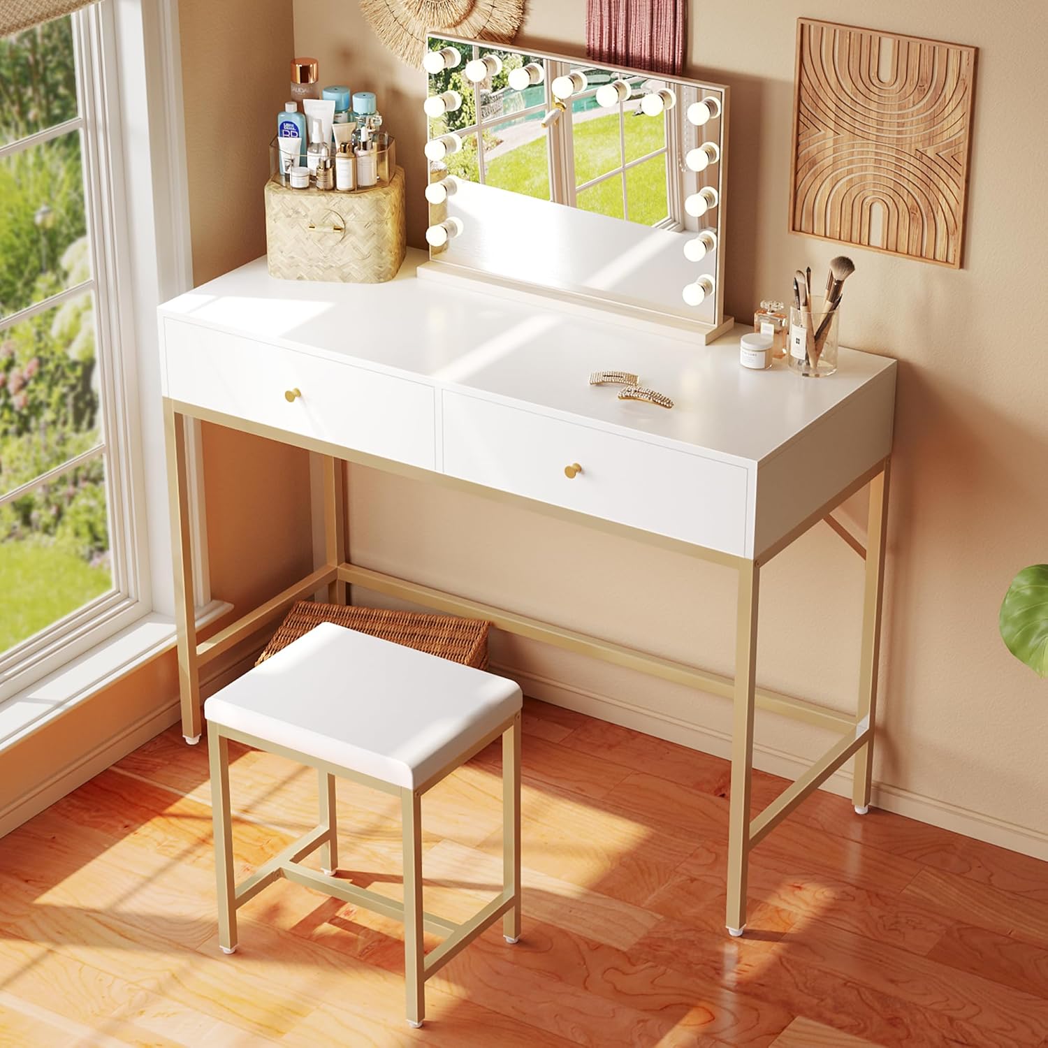 Elevate Your Space: Review of the SUPERJARE 35.4" White and Gold Desk with Padded Stool
