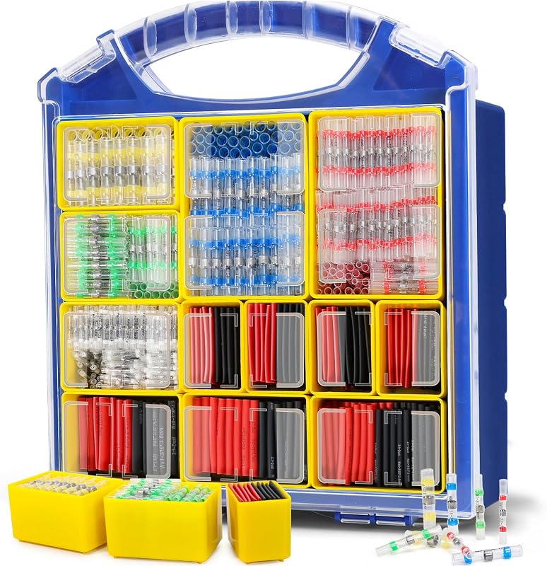 haisstronica 960PCS Solder Seal Connectors Kit with 3:1 Heat Shrink Tubing | Wire Gauge Markings, Low-Melt Solder Rings, 3/32-3/4-Inch Range, Removable Bins, Clear Lid, Secure Latches, Automotive Wiring