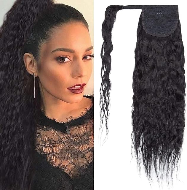 14 inches SEGO Curly Ponytail Hair Extensions Real Remy Human Hair [#1 Jet Black] Wrap Around One Piece Clip in Hairpieces Corn Wave Wavy (80g)