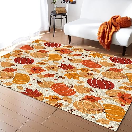 Miniatura 3 de Alfombra de otoño con diseño de hojas de arce otoñal, alfombra para sala de estar de Acción de Gracias, con diseño de calabaza amarilla y marrón,