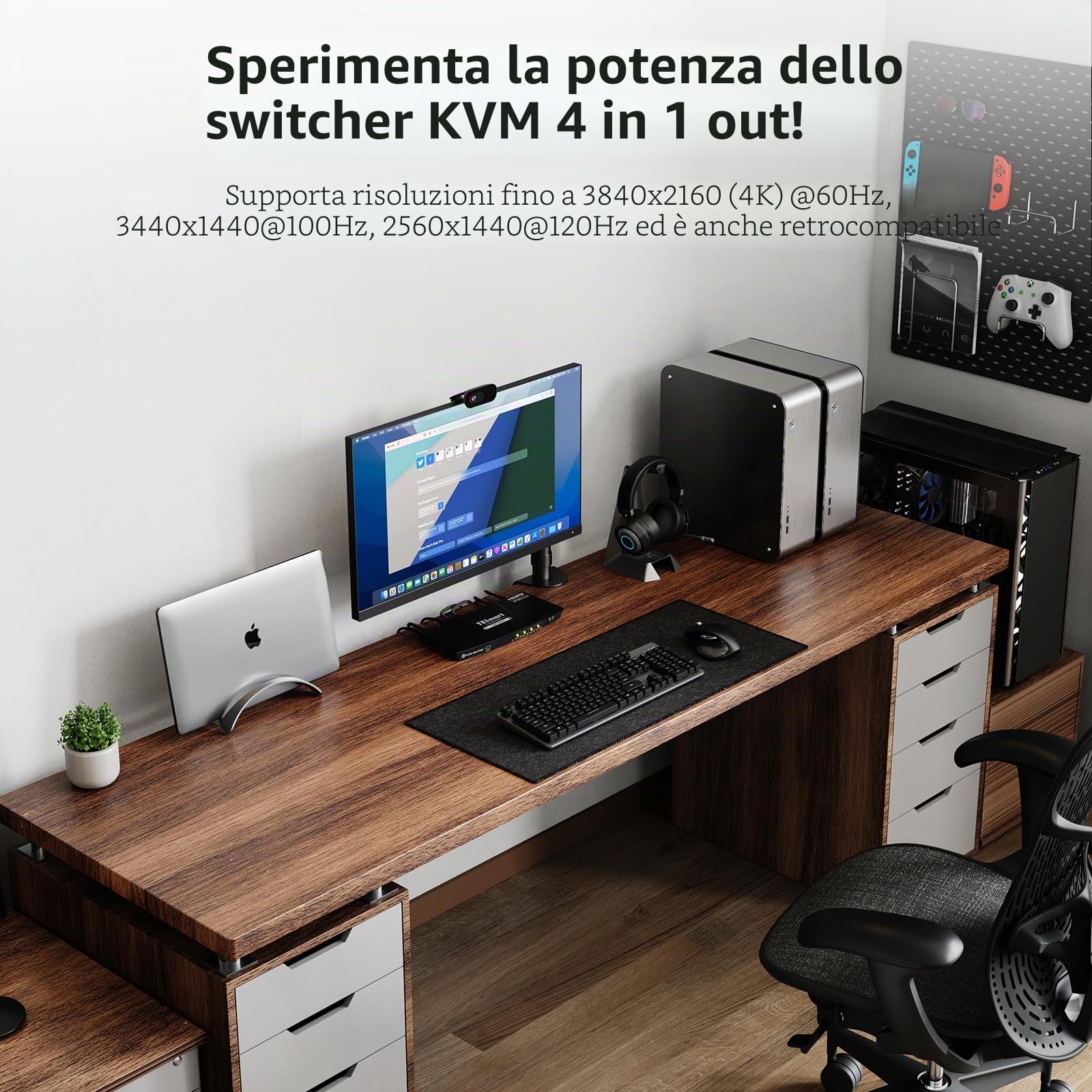 TESmart 4K@60Hz KVM Switch Auto-Scan 4 Computer 1 Monitor, 3,5 mm (Cuffie e Mic), 4 Porte HDMI 2.0, EDID, Scorciatoie per Mouse e Tastiera, 2 USB 3.0 (5 Gbps/Ricarica) per Sale di Sorveglianza/TV