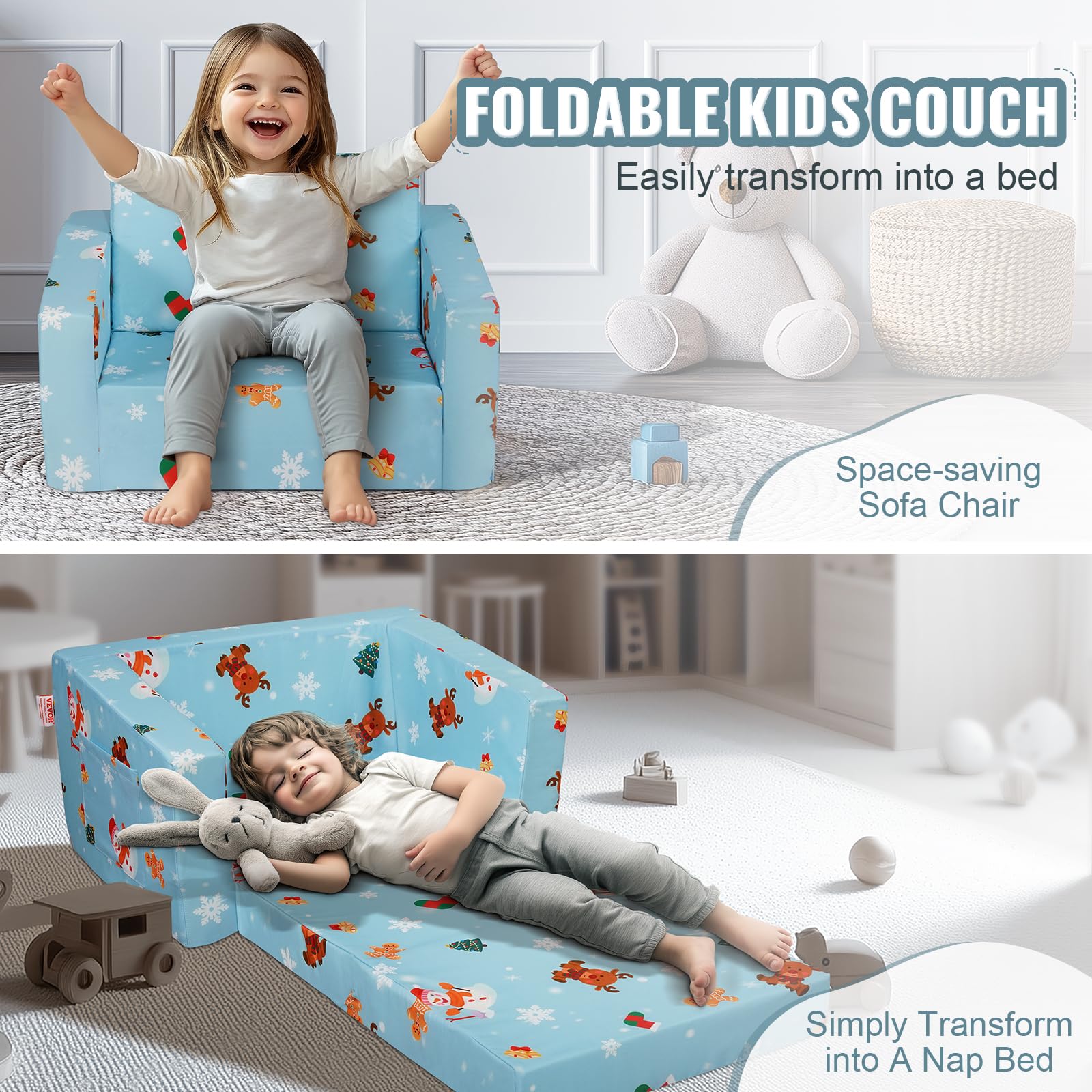 VEVOR Seggiolone Pieghevole 2 in 1, Divano Letto per Bambini, Divano in Schiuma Morbida, Sdraietta Trasformabile, Sedia per Bambini, Mobili per Sala Giochi, Blu