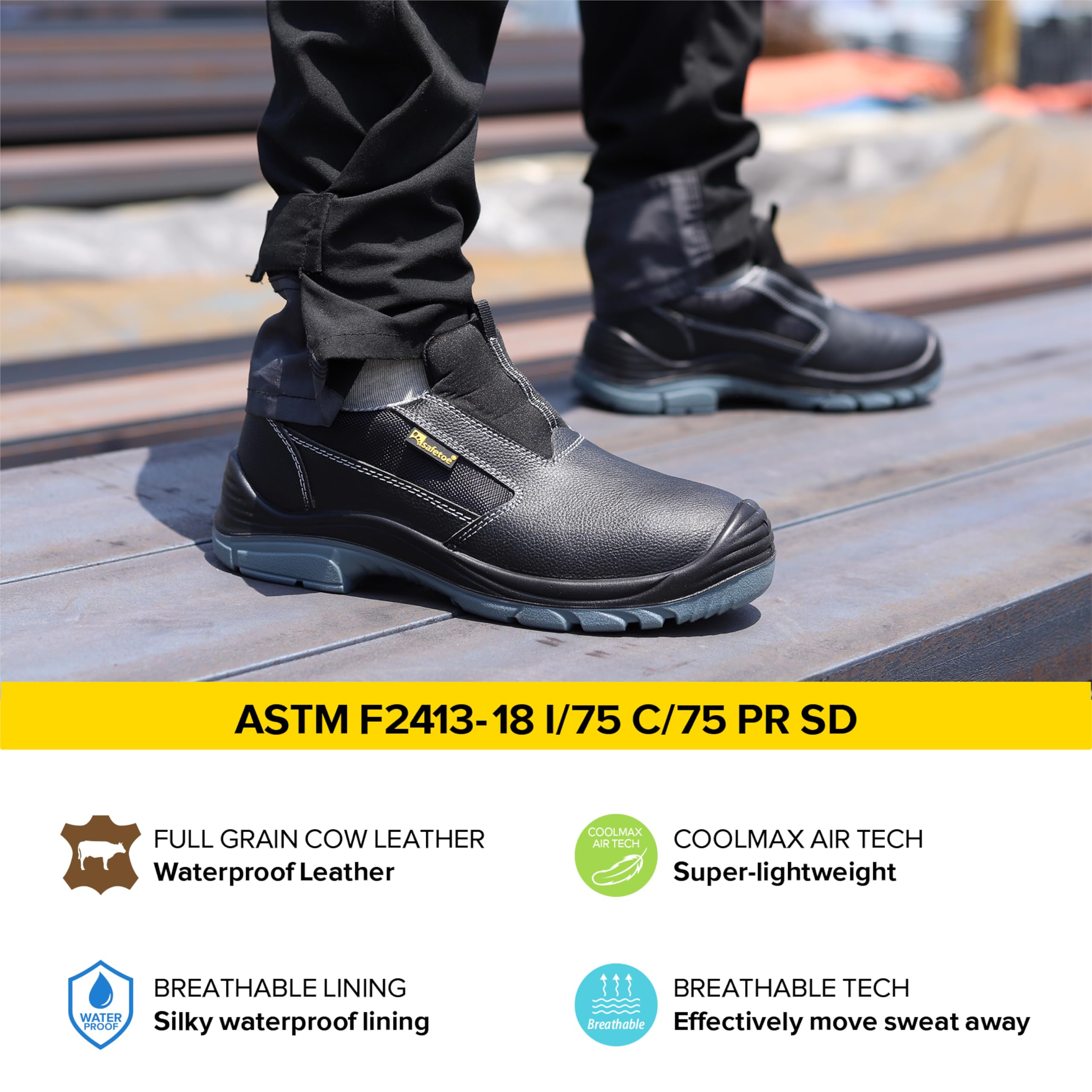 Zapatos de trabajo sin cordones para hombre, de baja altura, puntera de acero, piel de vaca, zapatos de seguridad negros con entresuela de placa de acero, tenis ligeros y cómodos para uso industrial
