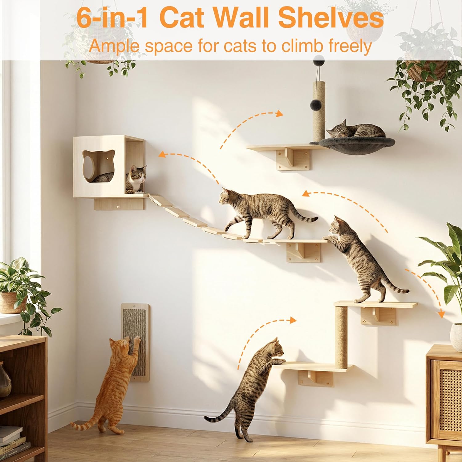 Cat Wall Shelves, Modern Wall-Mounted Cat Furniture Includes House, Bridge, Steps, Scratcher, Perch & Lounge for Indoor Cats, Space-Saving Wall Mounted Cat Shelves for Play & Rest