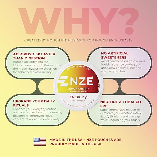 Miniatura 8 de NZE Bolsas nootrópicas de cafeína (cereza de limón)  Bolsas energéticas con 50 mg de cafeína, Alpha GPC, L-tirosina y L-teanina sin azúcar ni