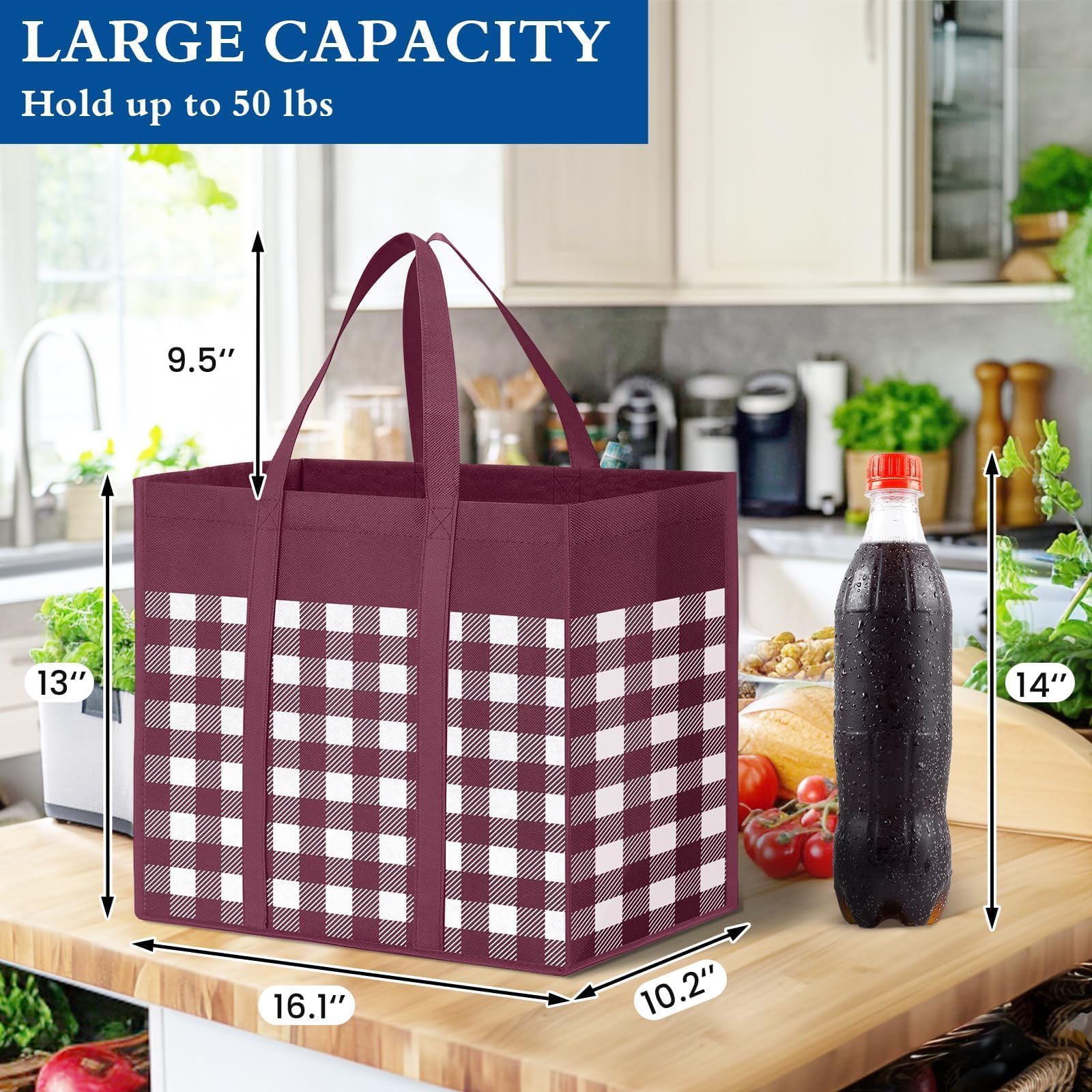 WISELIFE Bolsas de compras reutilizables para comestibles, paquete de 12 bolsas grandes plegables a granel, bolsas de productos ecológicos con mango largo para compras y ropa (cuadros C)