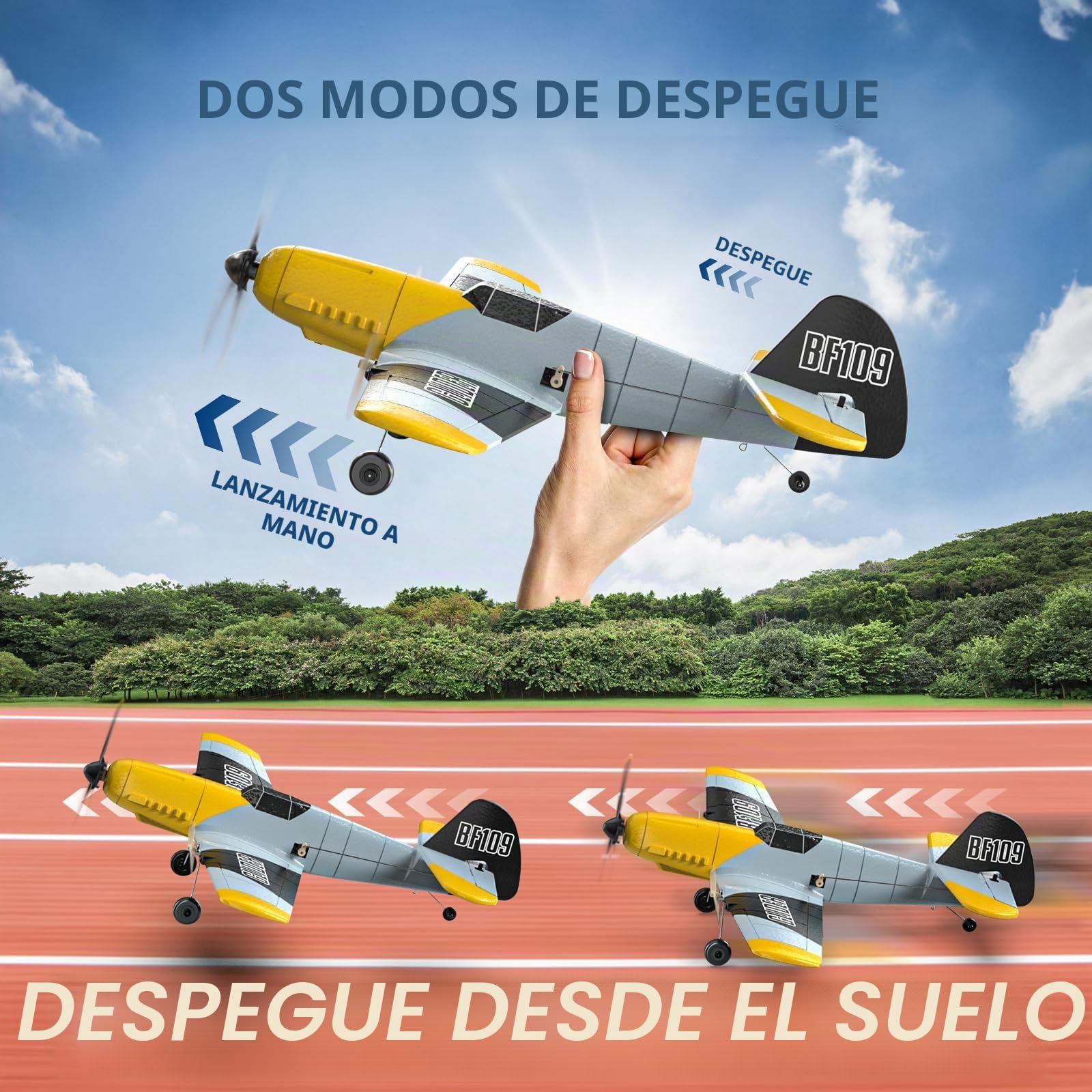 DEERC Avión RC de 3 Canales BF-109 RC Fighter Toy, 2,4 GHz, estabilizador giroscópico de 6 Ejes, Planeador RTF con 2 baterías, Adecuado para Adultos, niños, Principiantes para Volar…