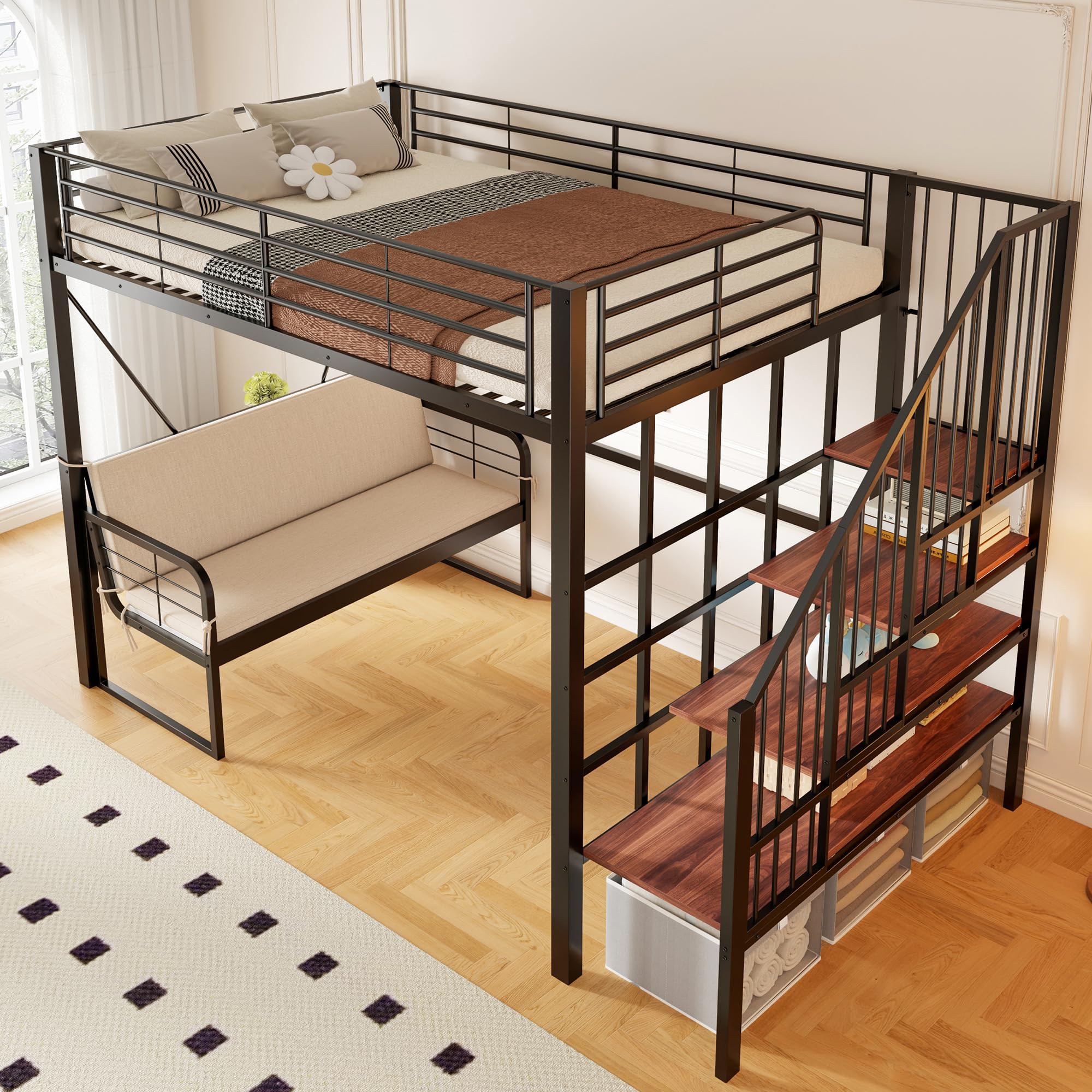 Cama altillo 140x200, litera doble de hierro con sofá cama extraíble, espacio de almacenamiento y escalera de seguridad, cama entrepiso de 2 plazas para familias numerosas