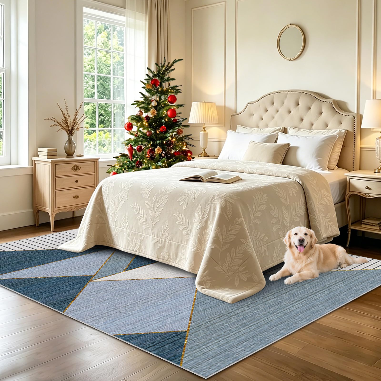 Grand tapis de salon lavable et bleu pour réchauffer l'ambiance de la maison